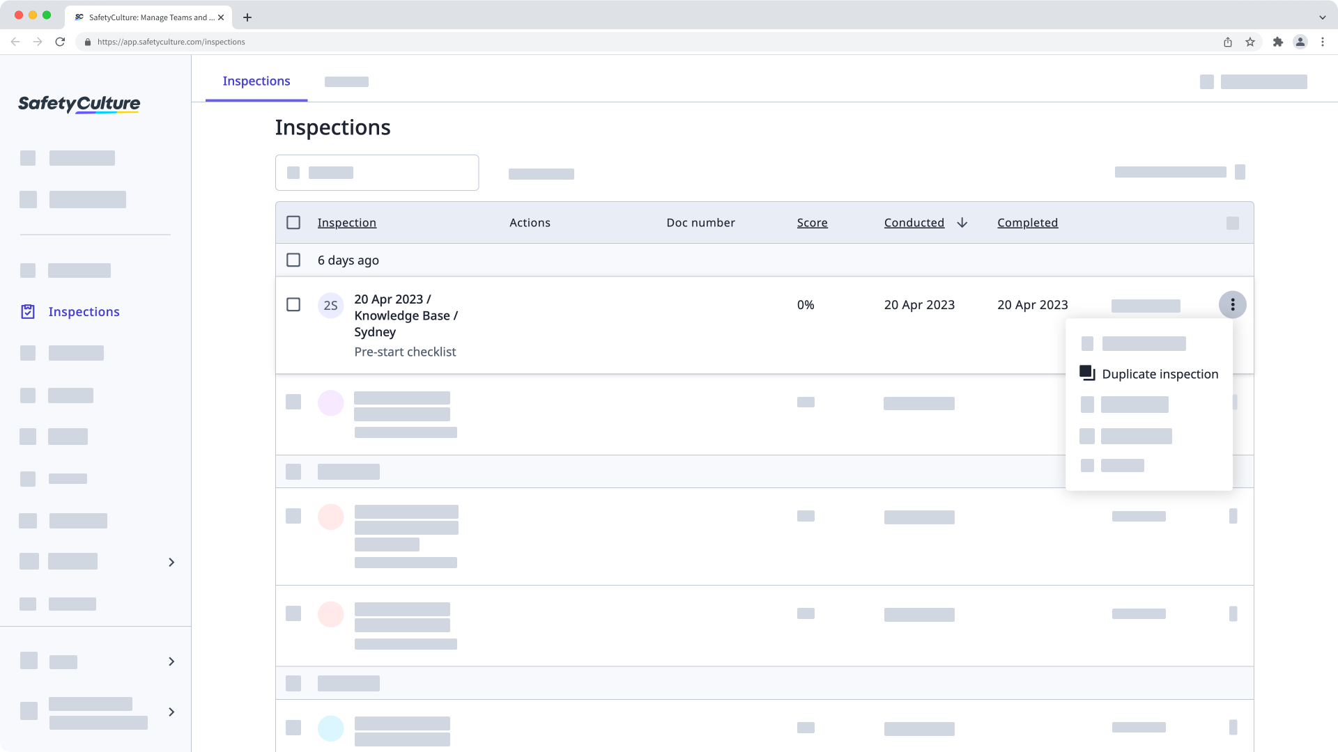 A screenshot showing where to duplicate inspections on the web app.