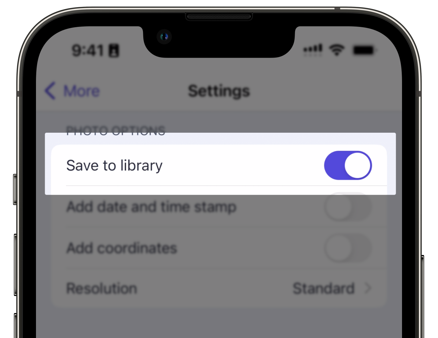 The toggle to manage storing inspection photos on your device on iOS.