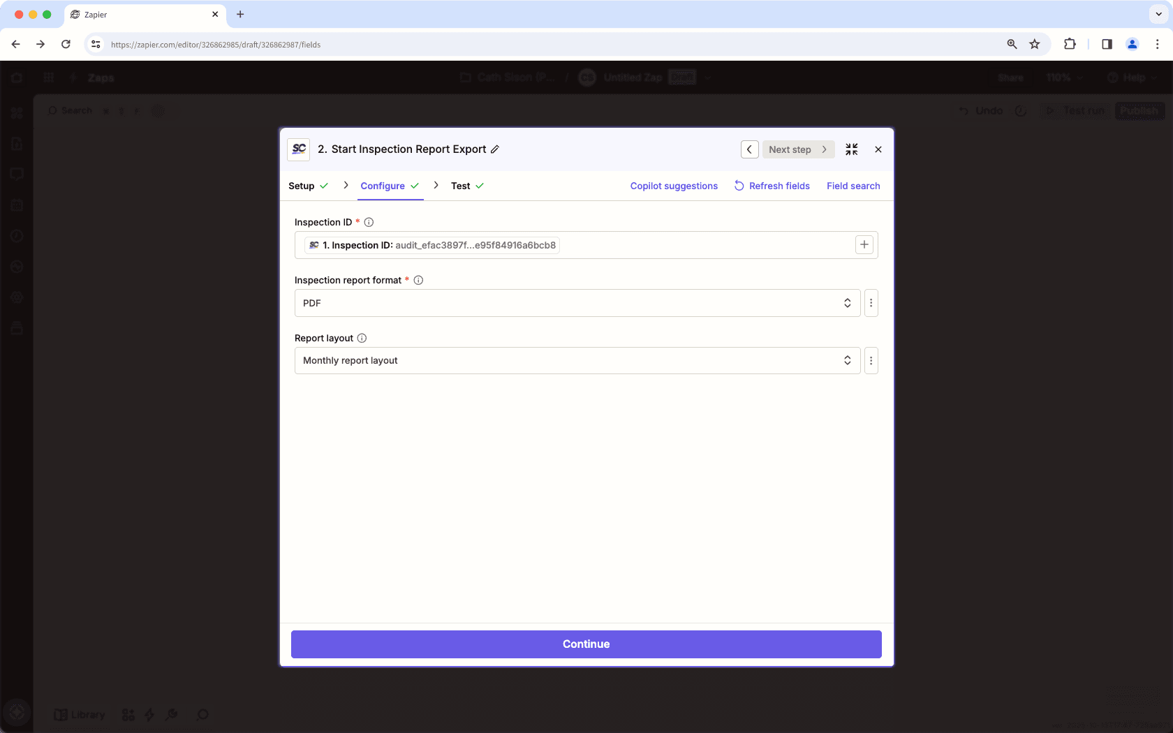 An example of the fields configuration for inspection report exports in SafetyCulture via Zapier.