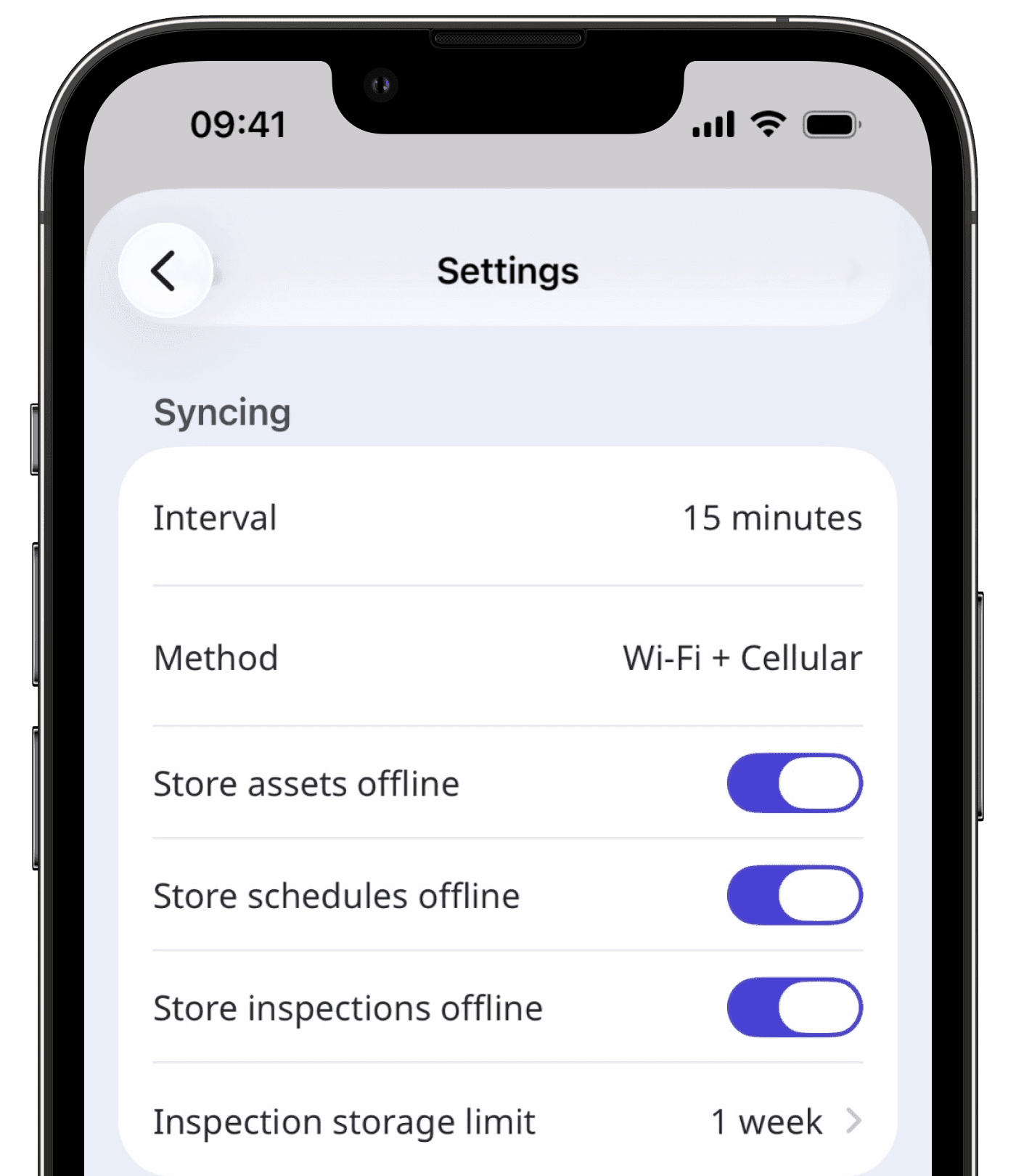 The syncing settings on the mobile app.