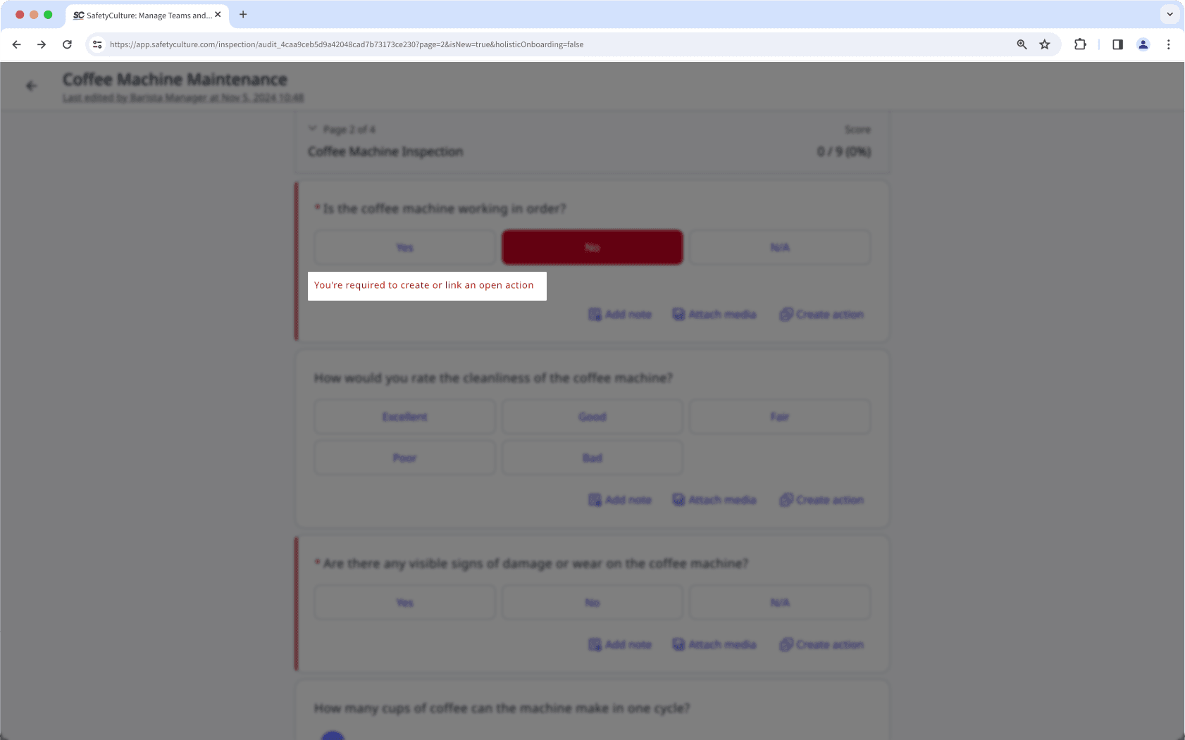 Action nécessaire apparaissant lorsqu'une inspection est effectuée à partir de l'application Web.