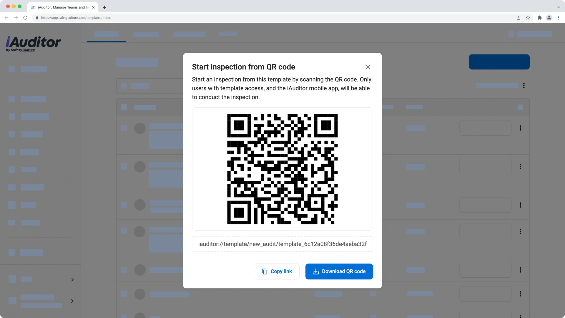 A screenshot showing how to download a 'start inspection' QR code via the web app.