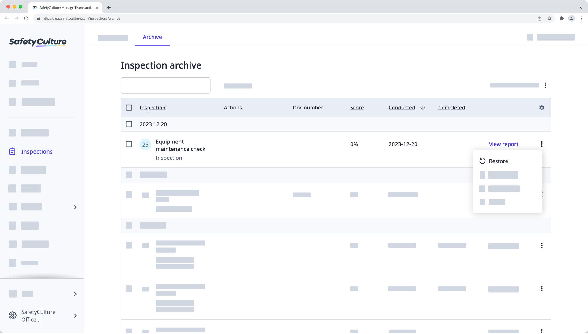 Restore archived inspections via the web app.
