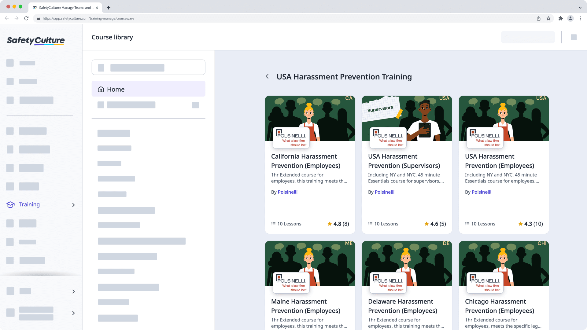 The list of USA Harassment Prevention Training courses in the course library.