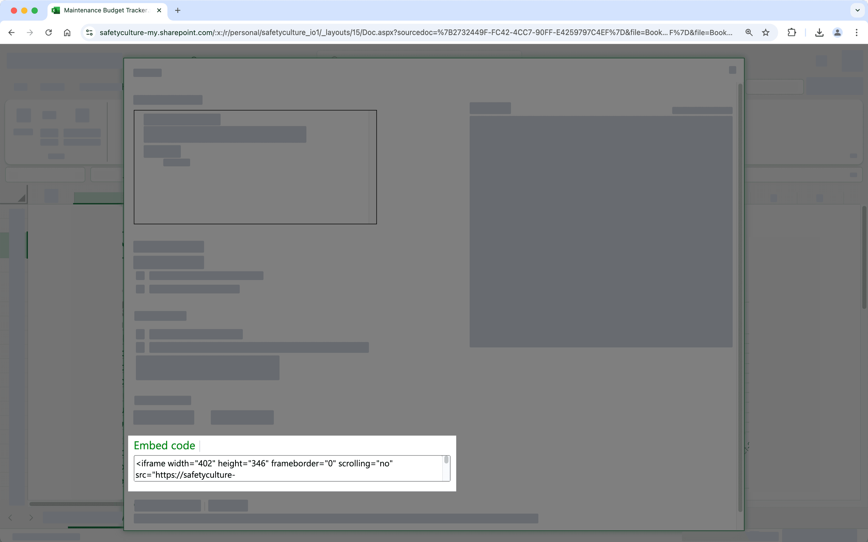 Obtenga el enlace embebido del libro de Microsoft Excel.