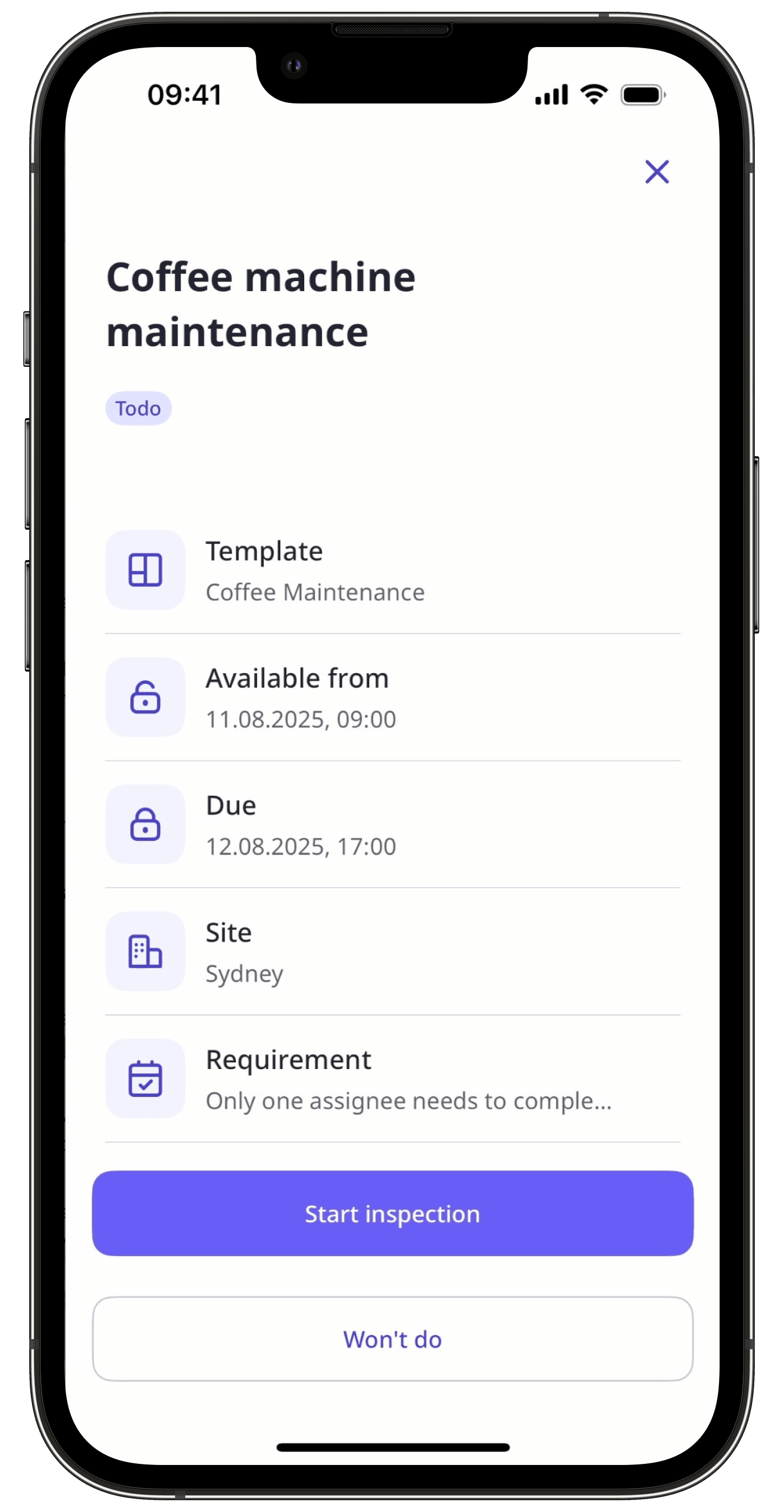 A scheduled inspection in the new Schedules experience via the mobile app.