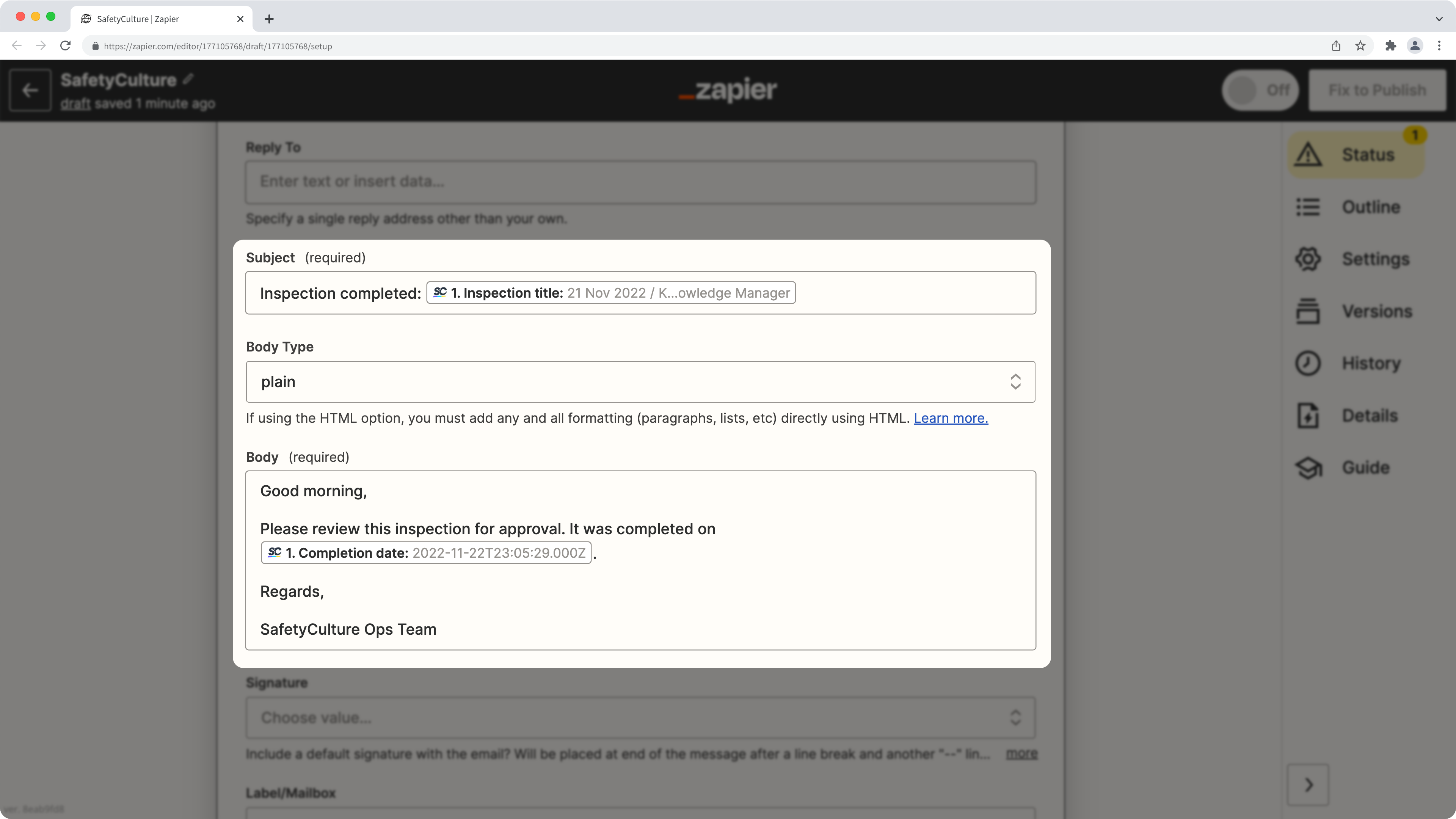 Enviar informes de inspección automáticamente por correo electrónico con Zapier a través de Gmail.