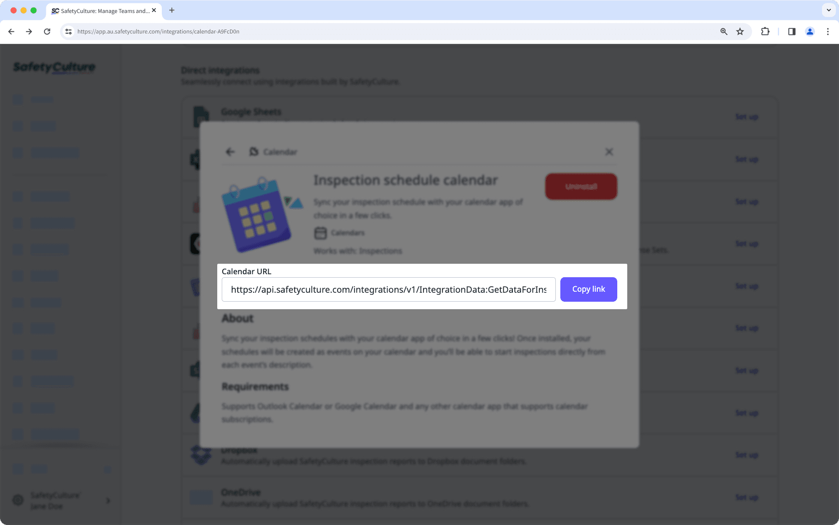 Copy the link for syncing my inspection schedules via the web app.