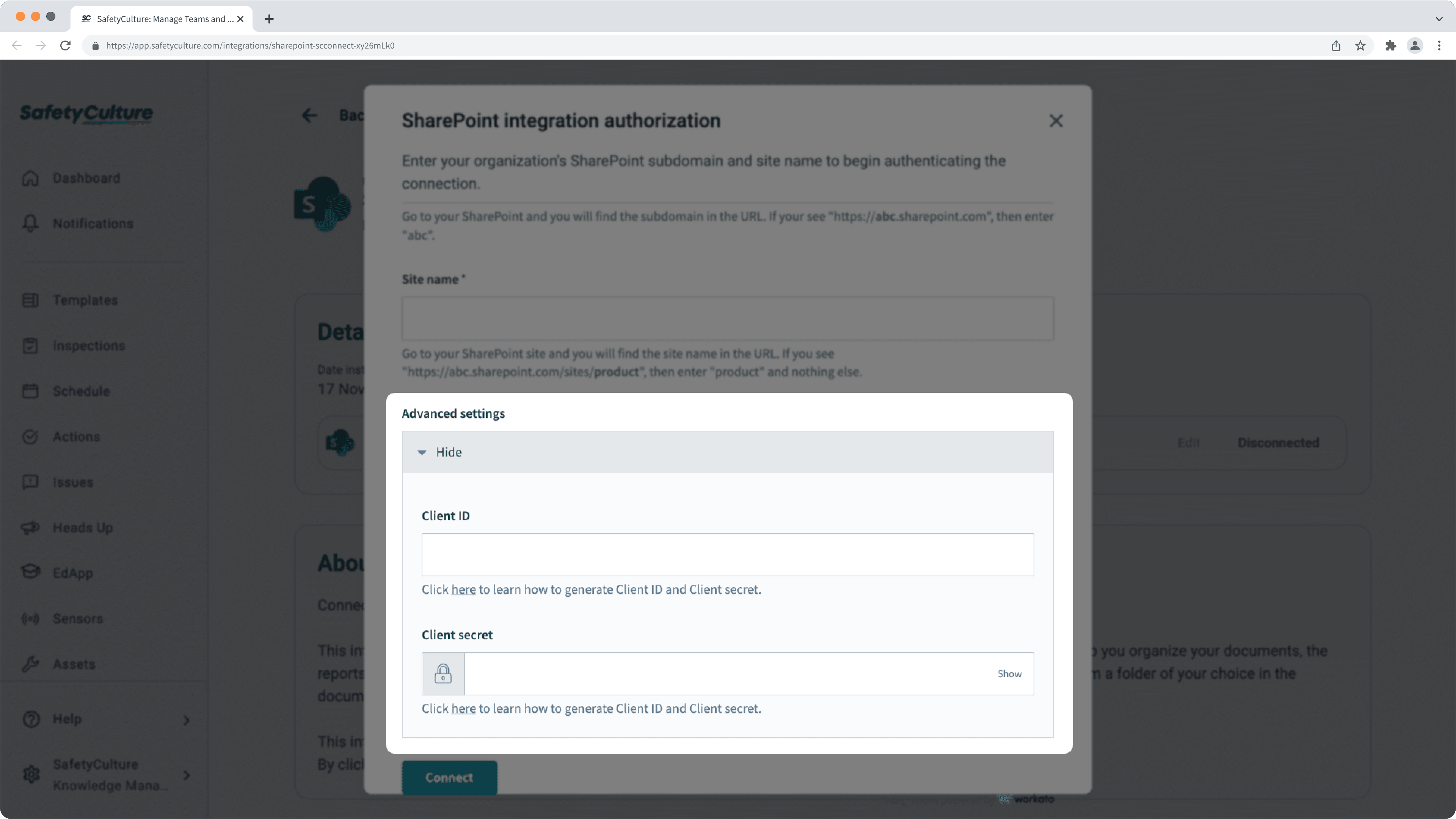 Die erweiterten Optionen für die SharePoint-Integration in der Web-App.
