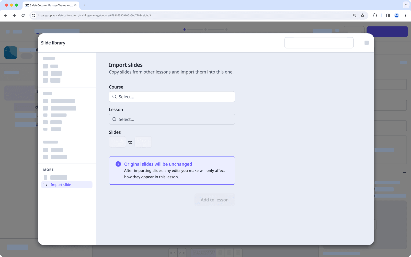 Ein Beispiel für die Option Folien importieren für Schulungskurslektionen in der Web-App.