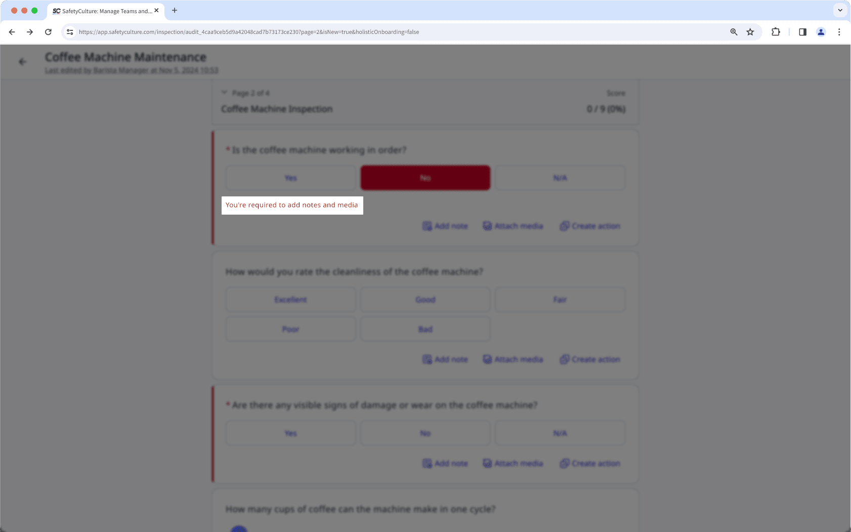 Nécessiter des preuves lorsqu'une inspection est effectuée à partir de l'application Web.