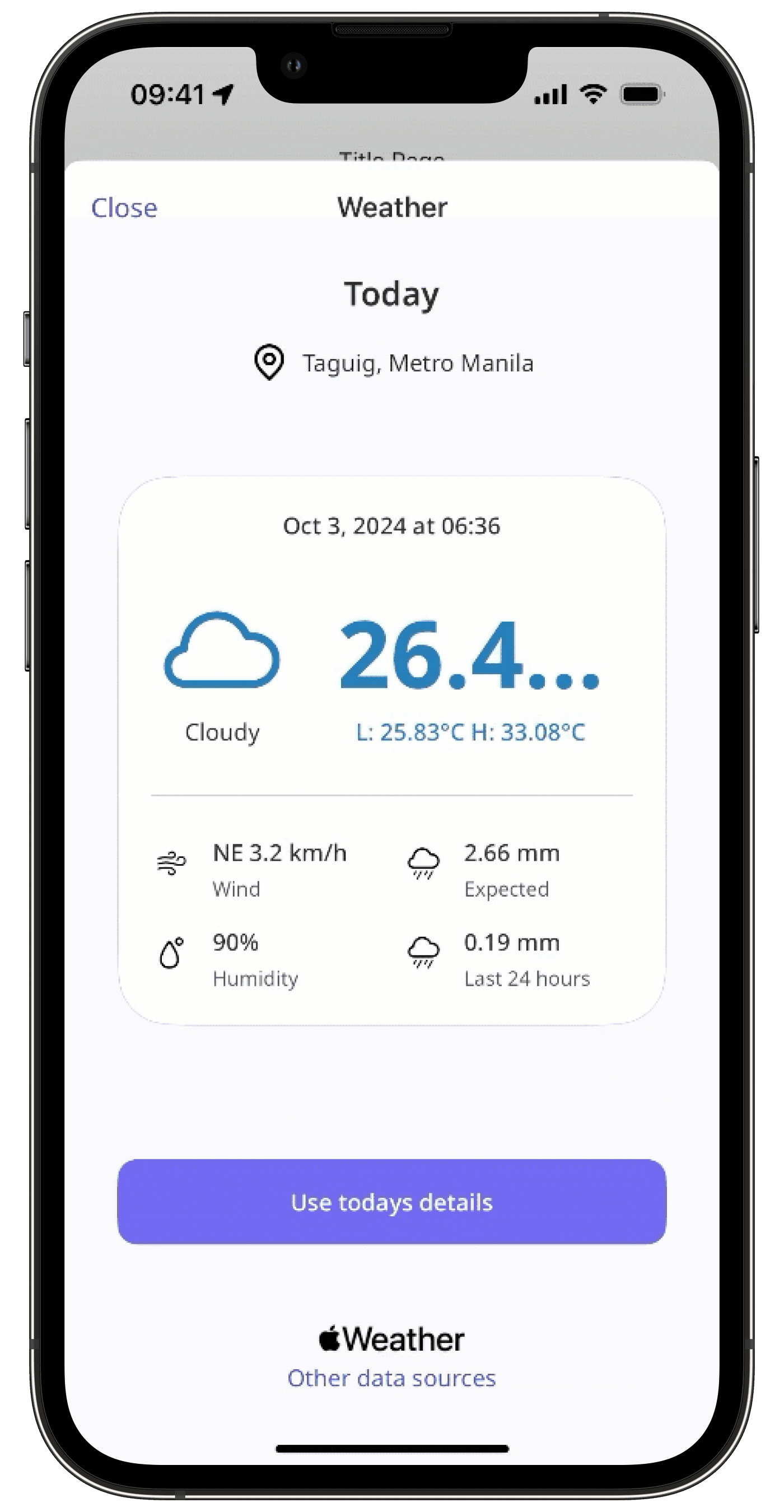 Datos meteorológicos en una inspección a través de la aplicación móvil.