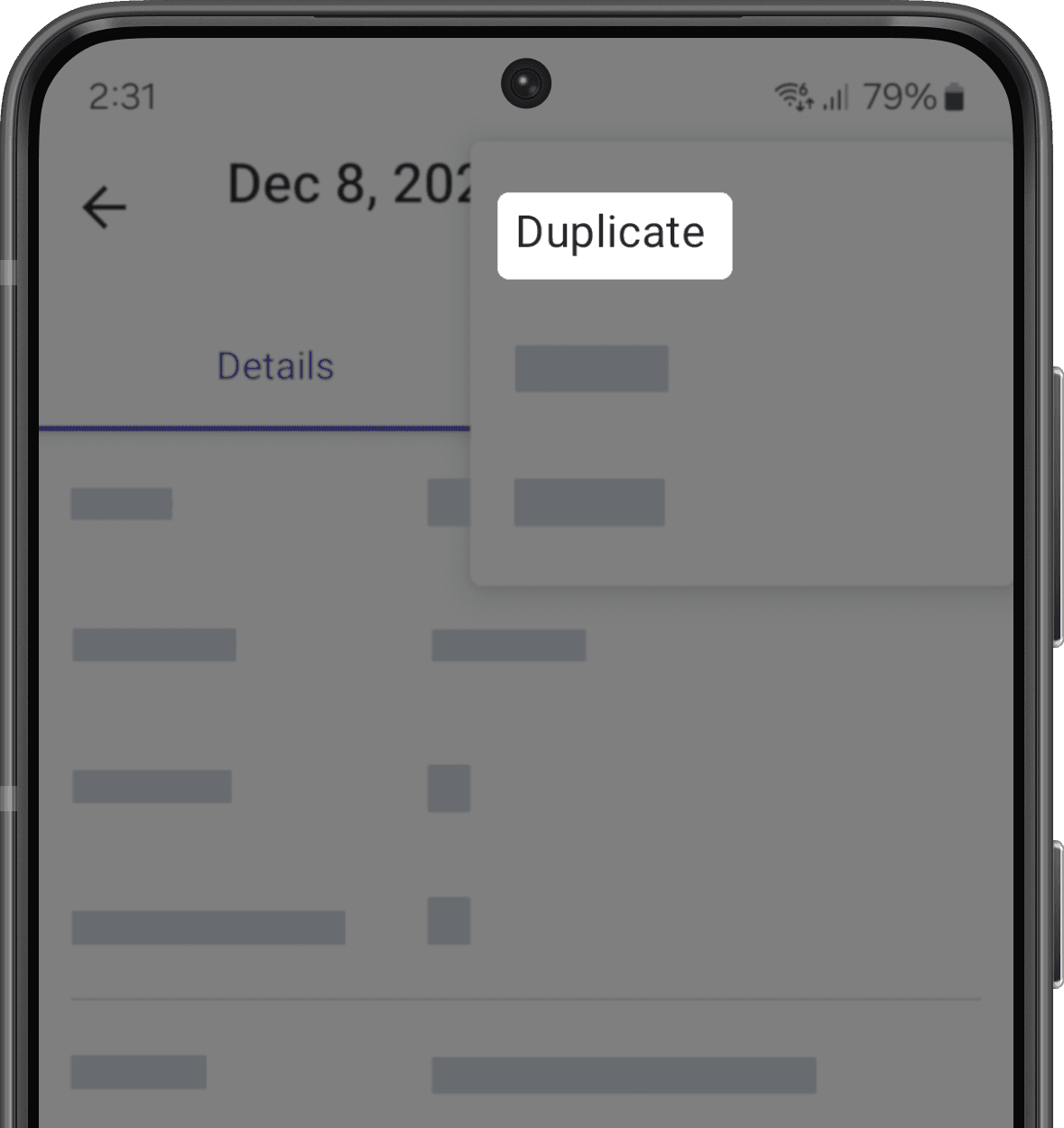 Screenshot showing the Duplicate button via mobile app. (Android)