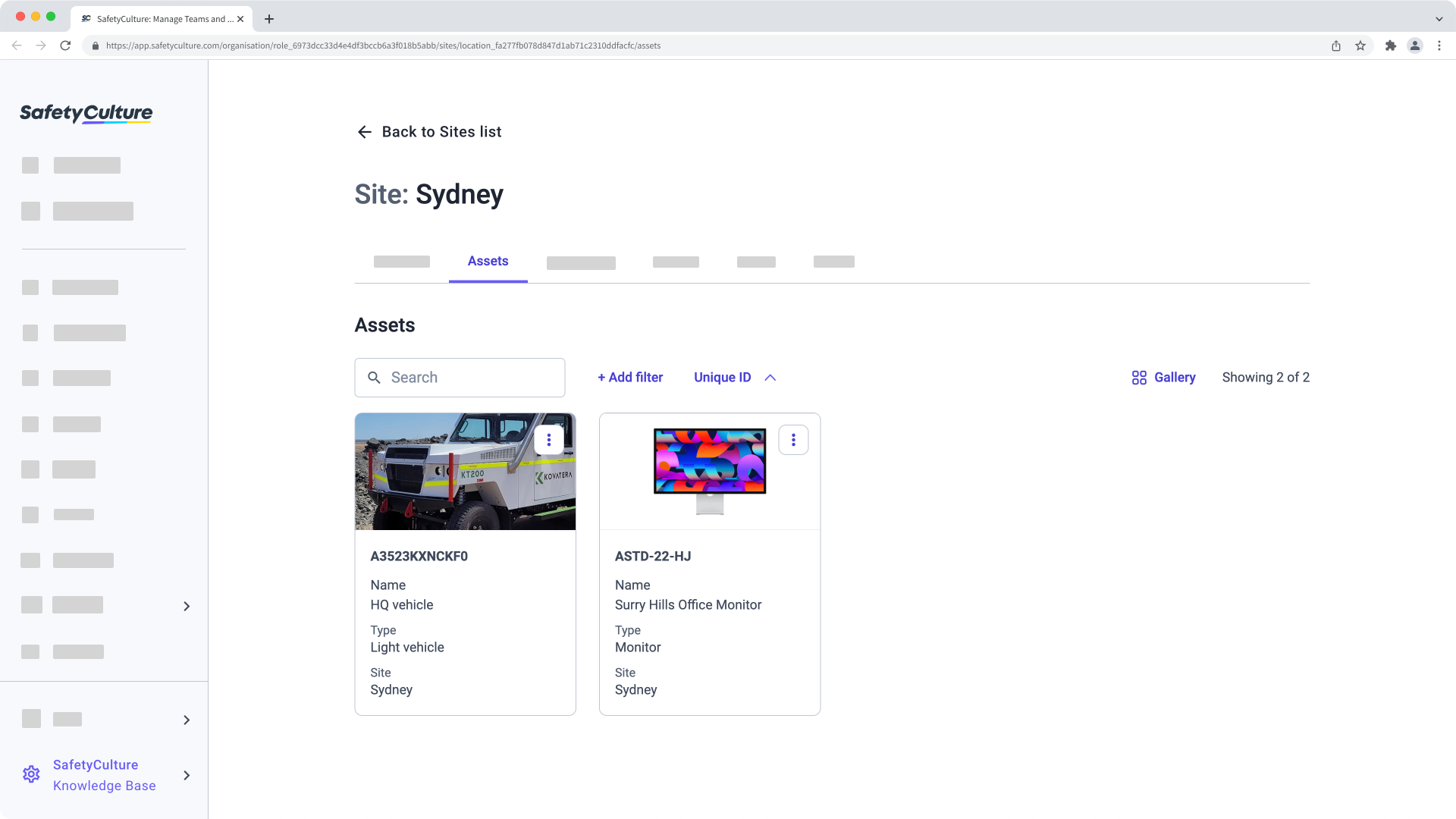 View assets in site profiles via the web app.