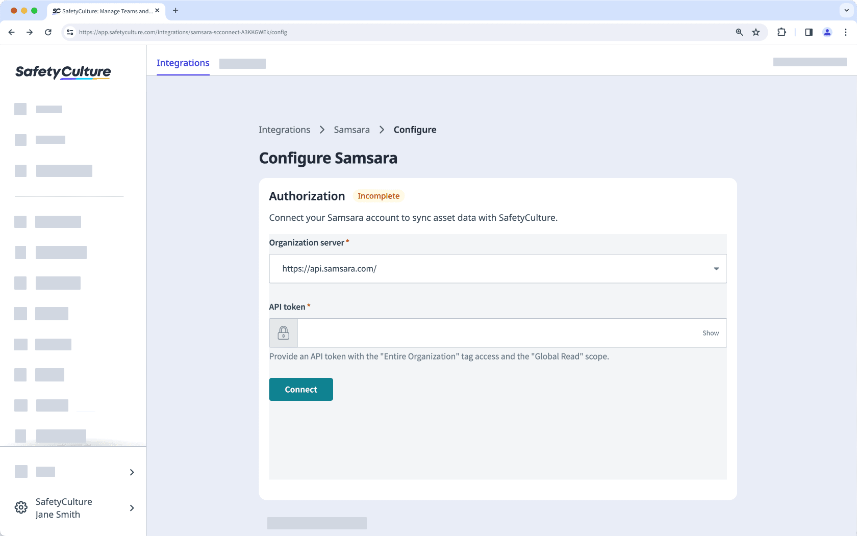 Install and configure Samsara integration via the web app.