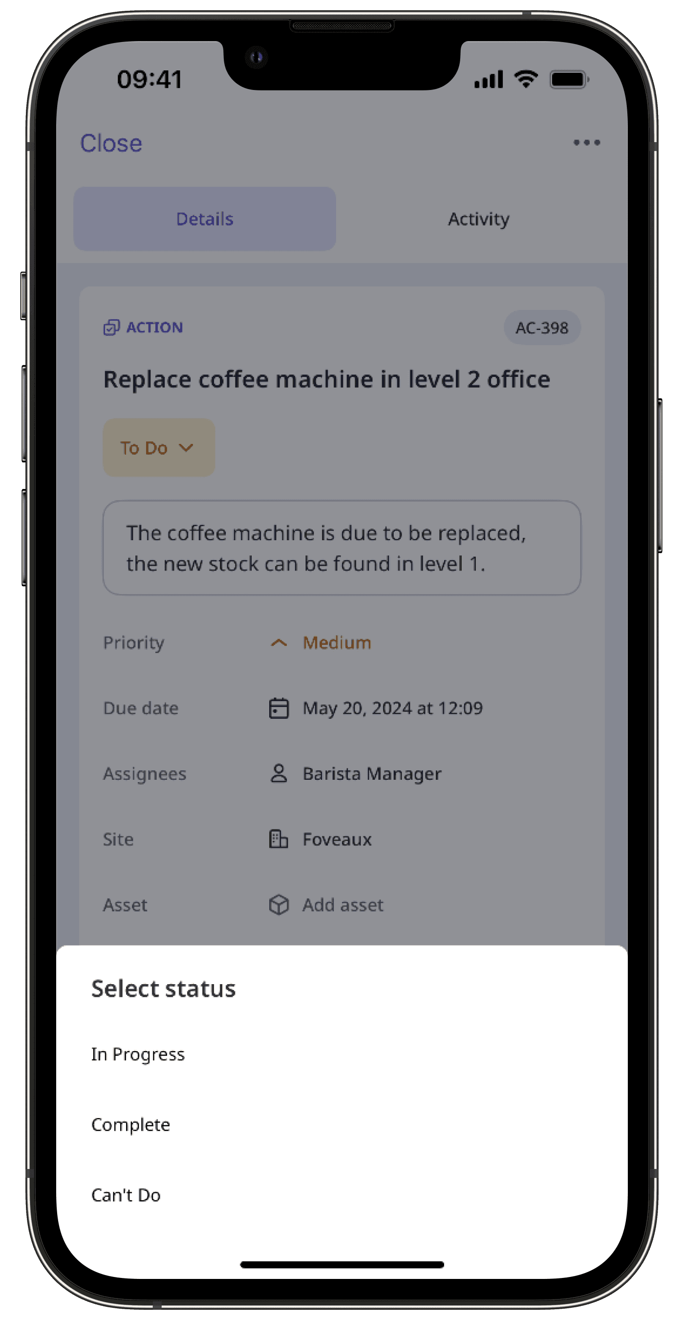 Move an action to a status via the mobile app.