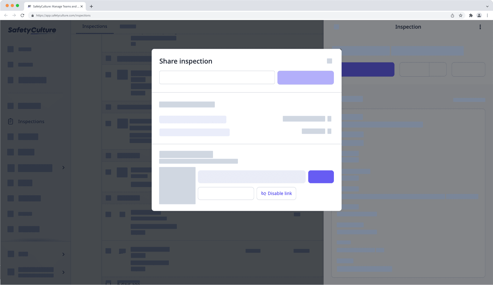 Deshabilitar un enlace de informe de inspección a través de la aplicación web.