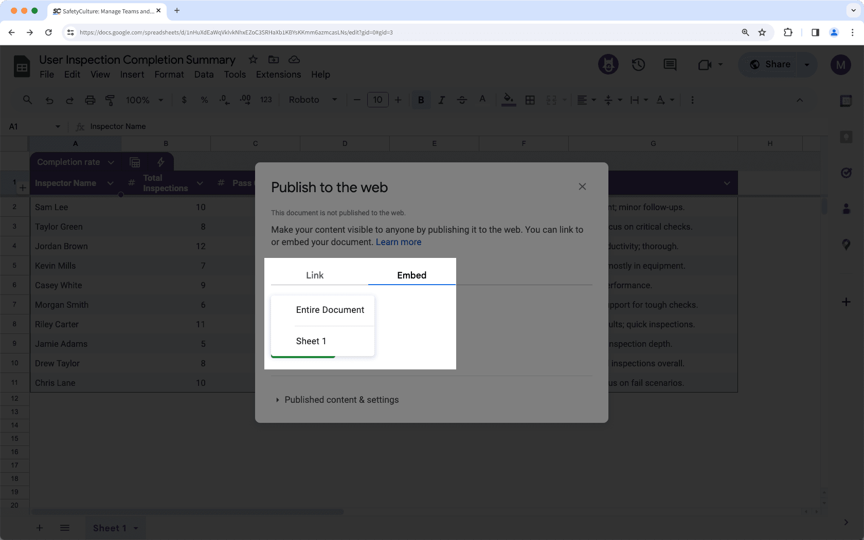 Obtenga el enlace embebido de Google Sheets.