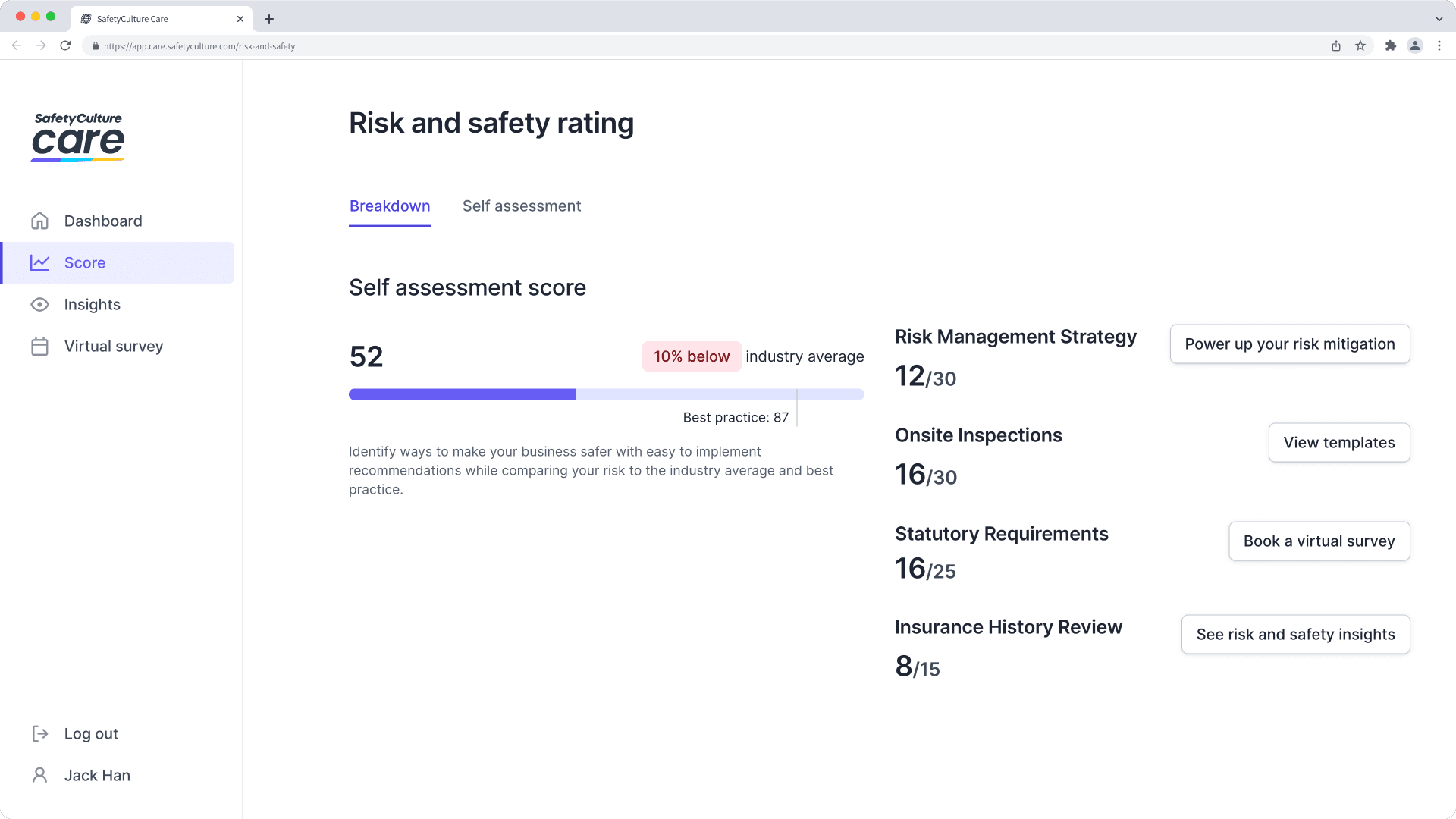 SafetyCulture Care: Seite zur Risiko- und Sicherheitsbewertung.
