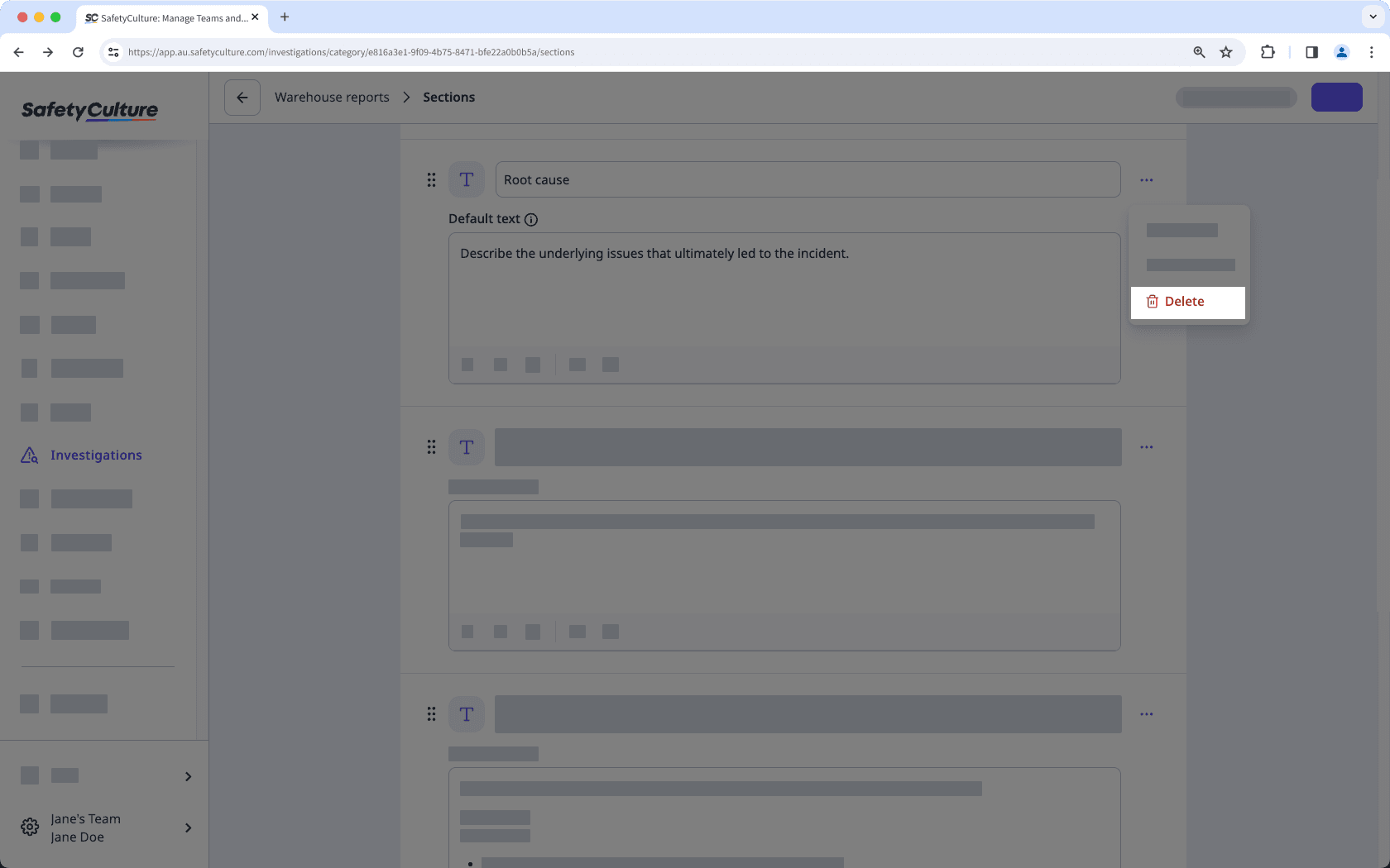 Eliminar una sección de investigación personalizada a través de la aplicación web.