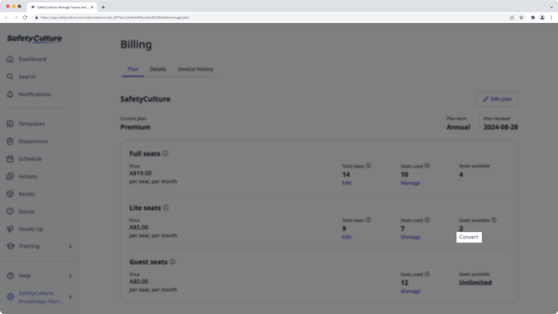 Convert lite seats to full seats on the web app.