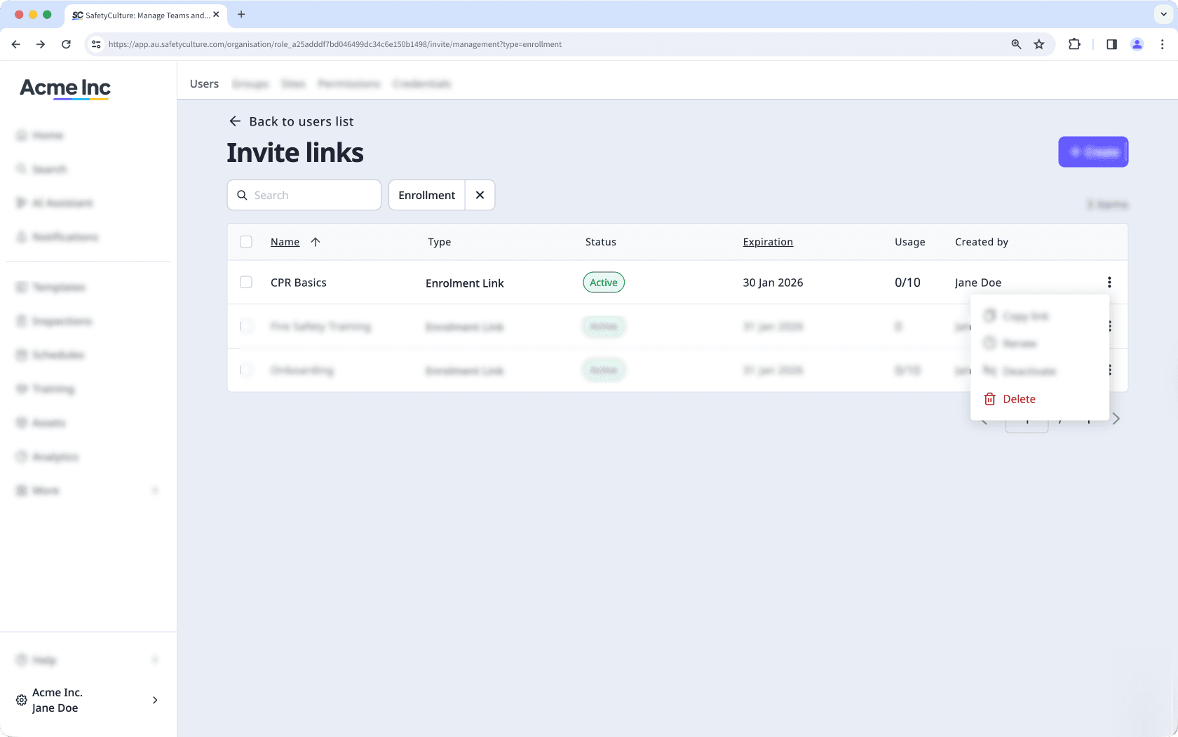 Supprimer un lien d'inscription via l'application Web.