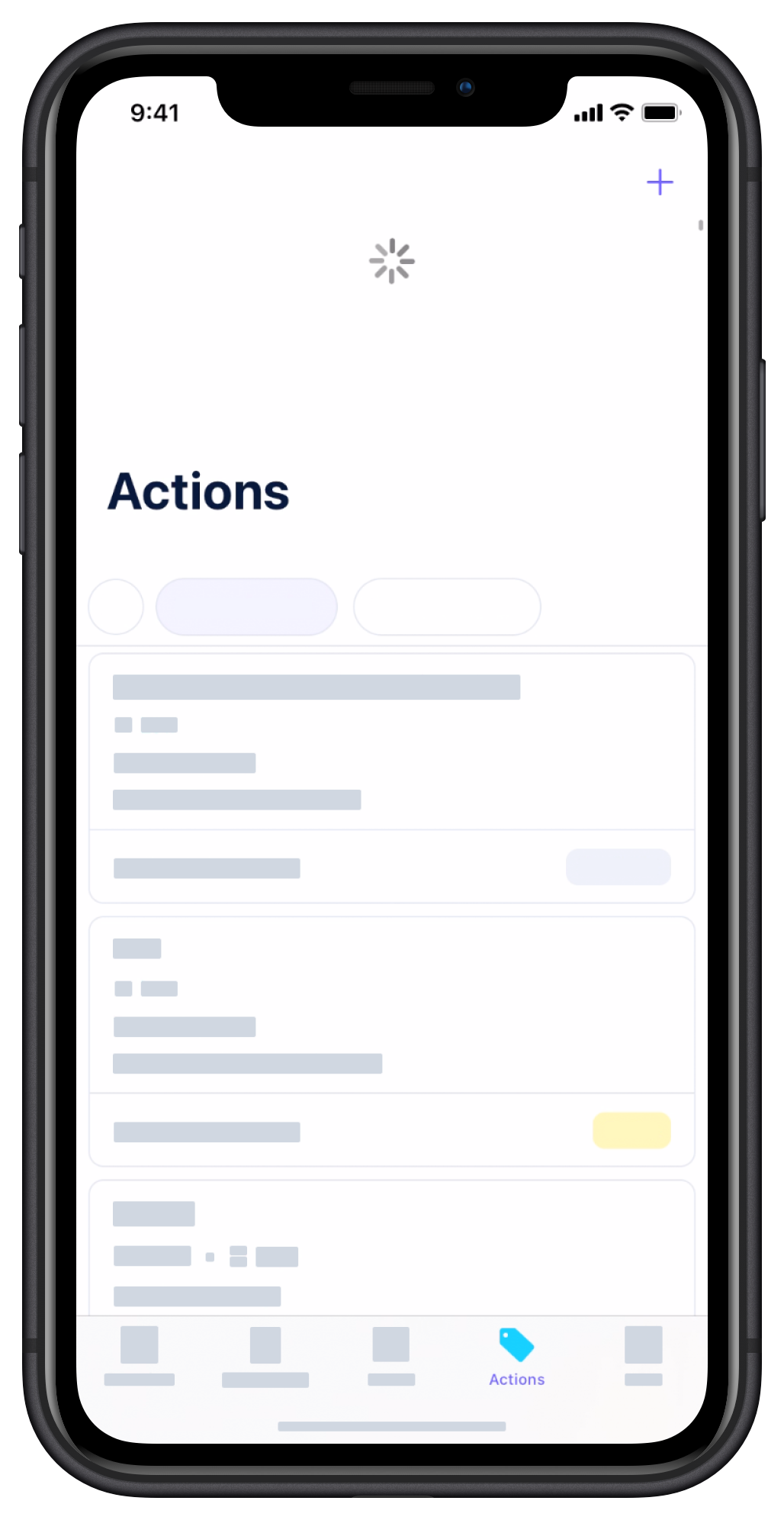Une capture d'écran montrant le processus de rafraîchissement de l'onglet Actions sur iPhone.