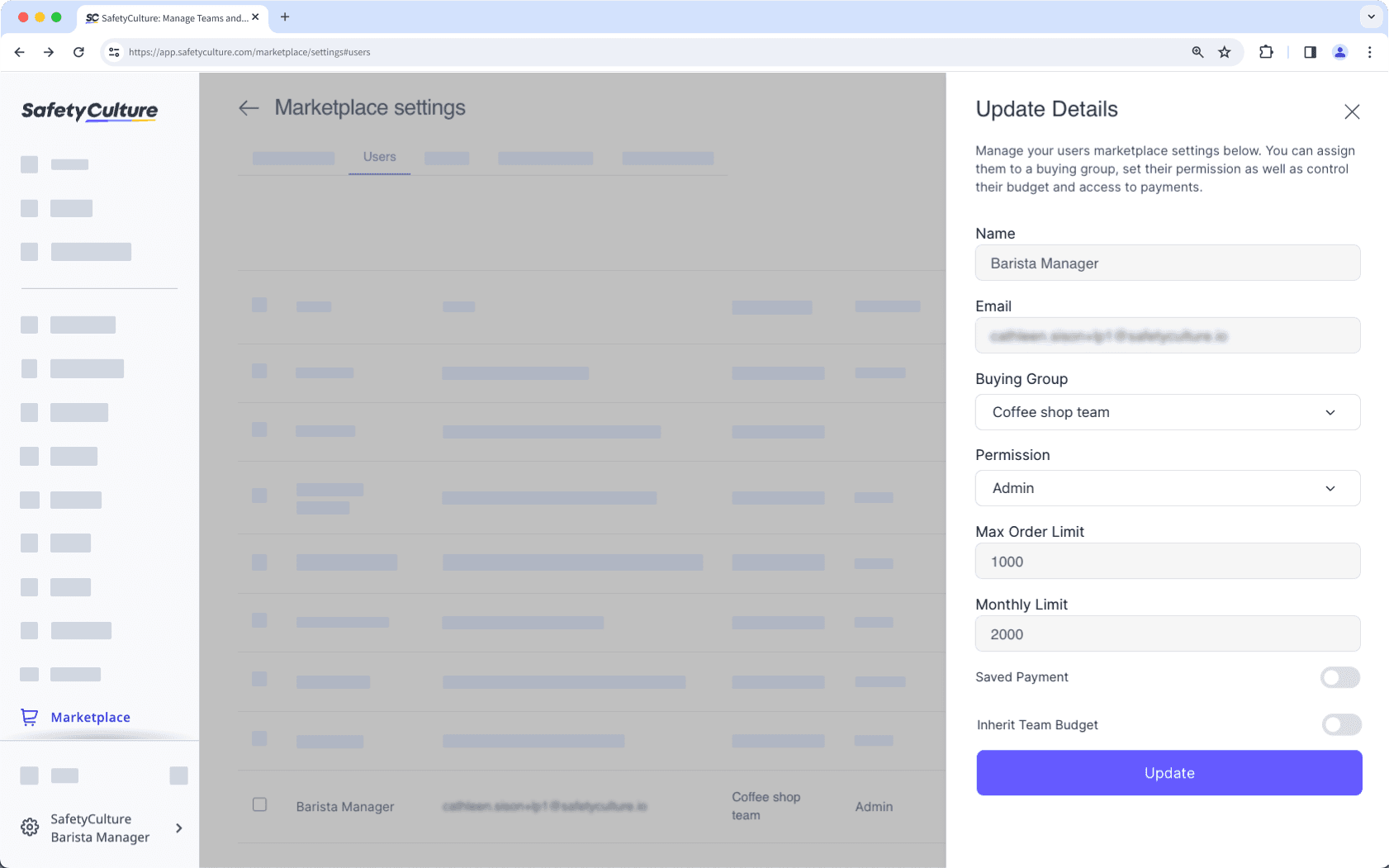 Gestione el presupuesto de un usuario en Marketplace a través de la aplicación web.
