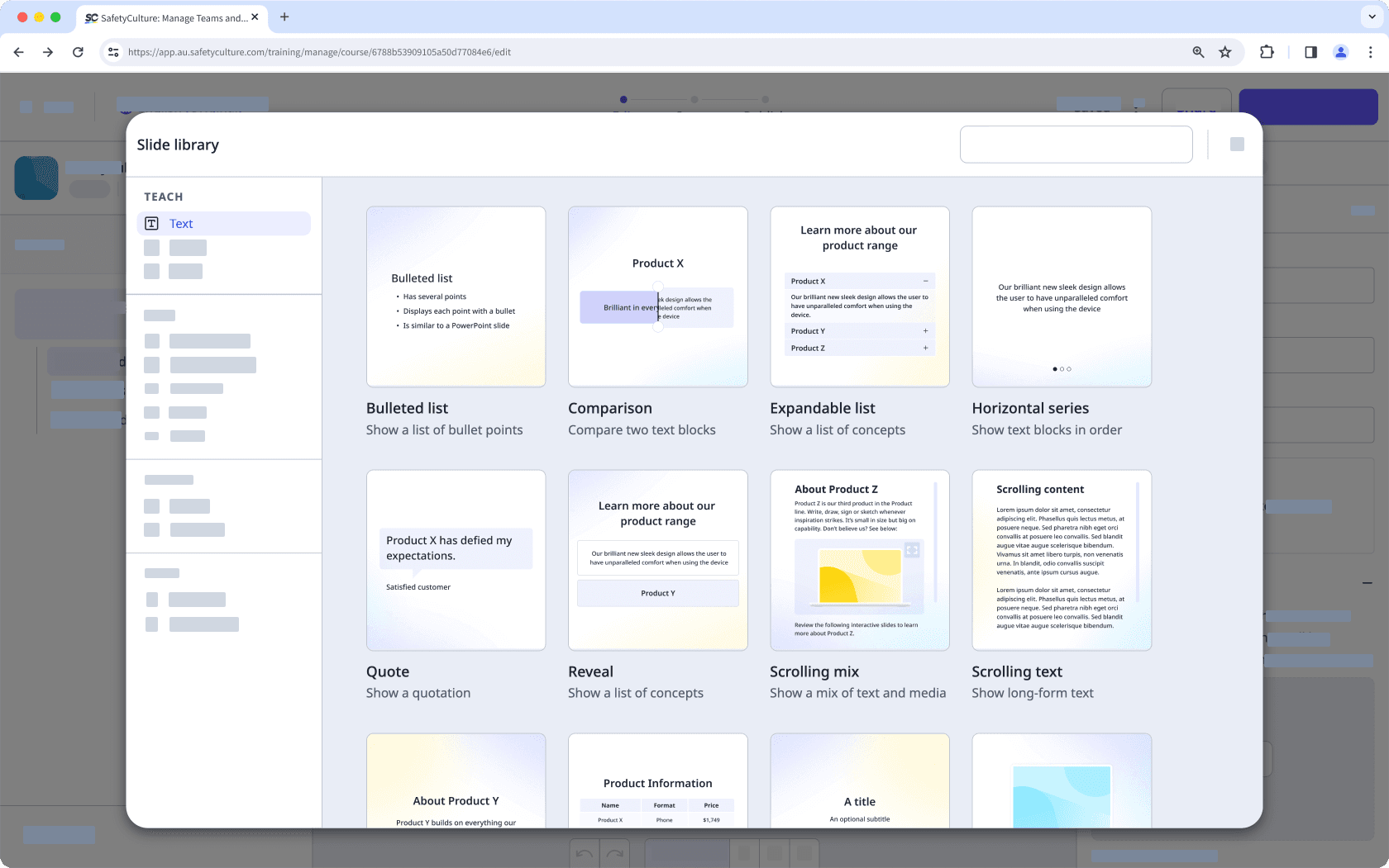 Ein Beispiel für Textfolienvorlagen für Schulungskurslektionen in der Web-App.