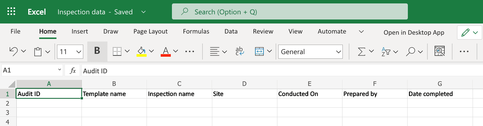 Un exemple de feuille de calcul Excel en ligne pour un flux Power Automate.
