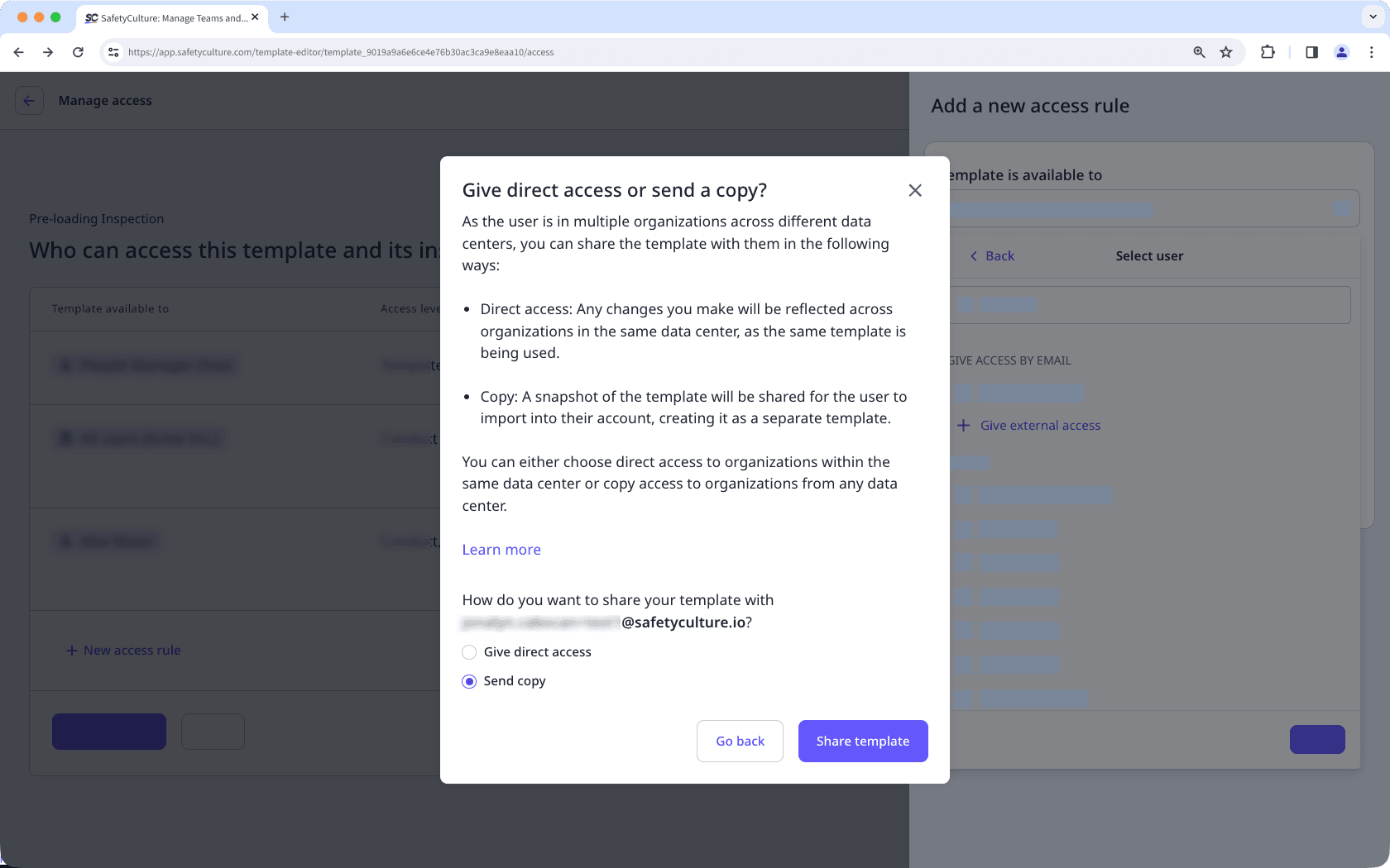Mithilfe der Web-App eine Vorlage mit einem Nutzer in einer anderen Organisation teilen.