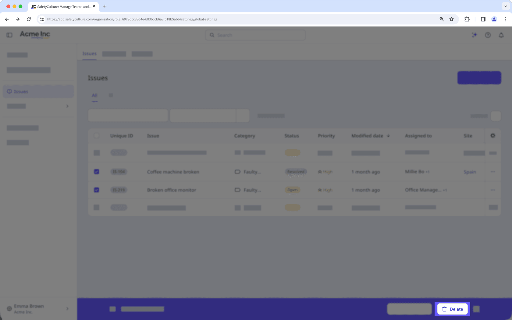 La page Observations affichant l'option permettant de supprimer plusieurs observations.