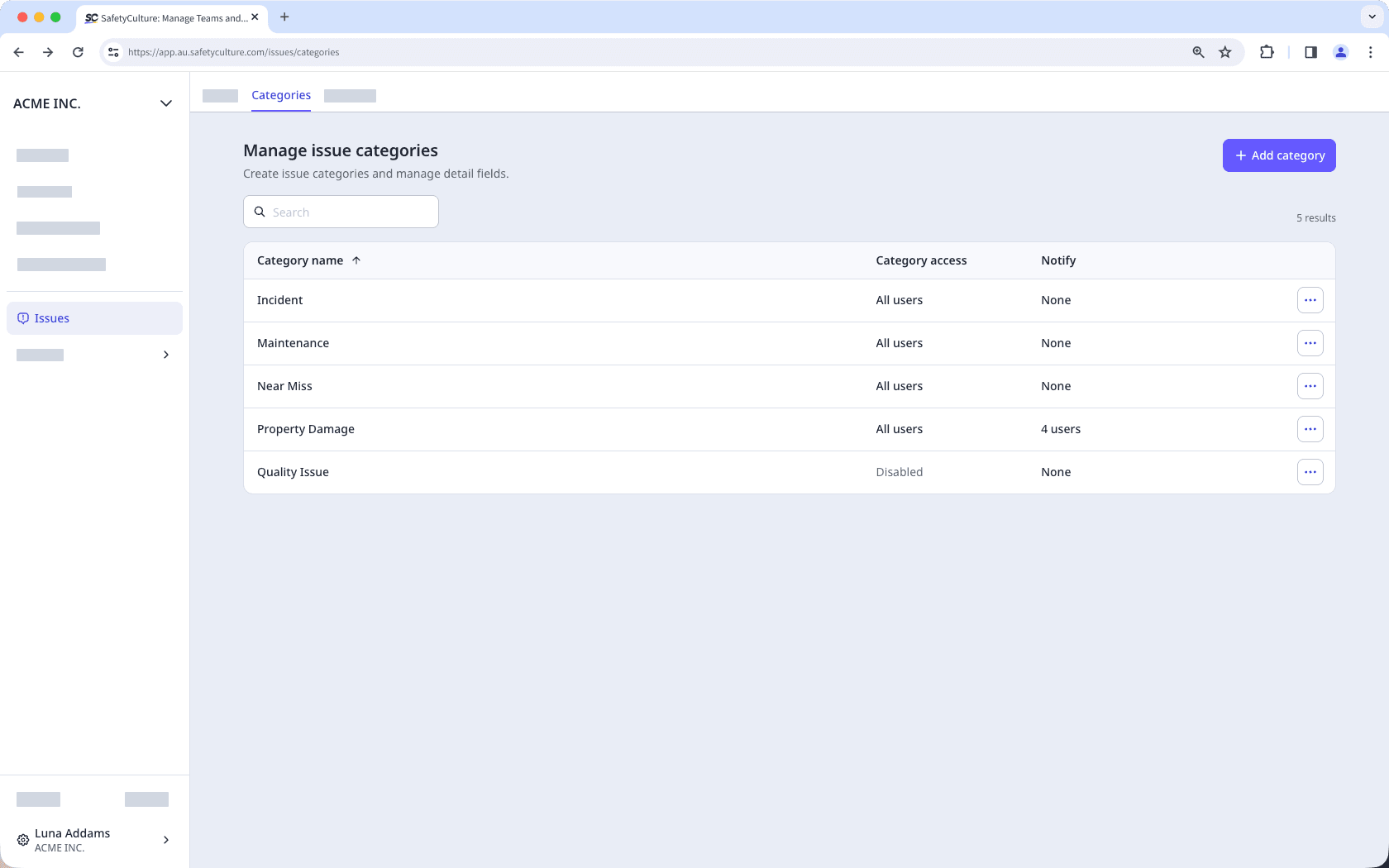 Manage issue categories via the web app.