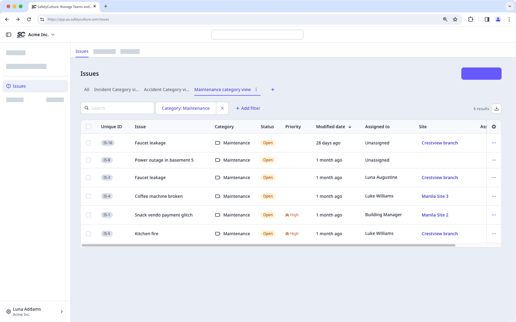 Cree una vista personalizada en la lista de contratiempos haciendo clic en "+", asígnele un nombre y aplique los filtros que necesite.