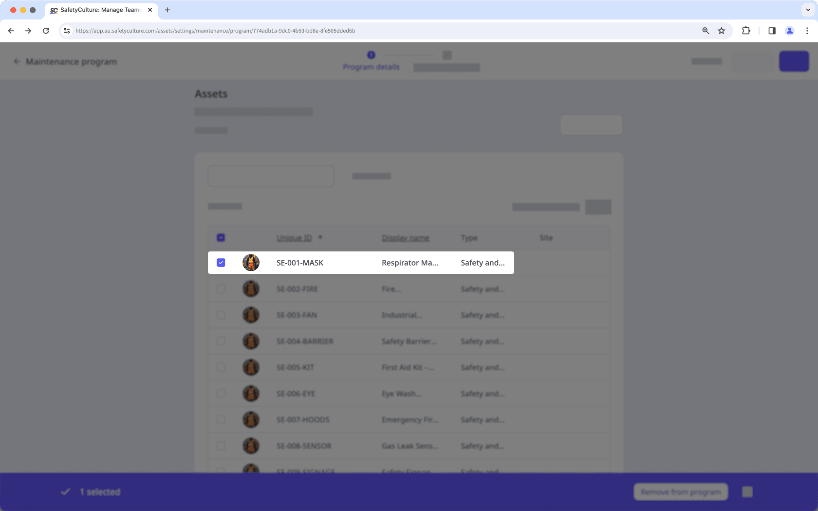 Sélectionnez un seul actif à ajouter ou à supprimer d'un site à partir de l'application Web.