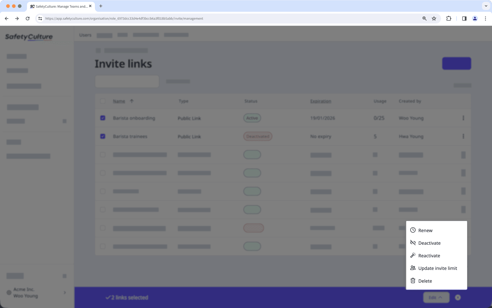 Mithilfe der Web-App Einladungslinks in großen Mengen bearbeiten und verwalten.