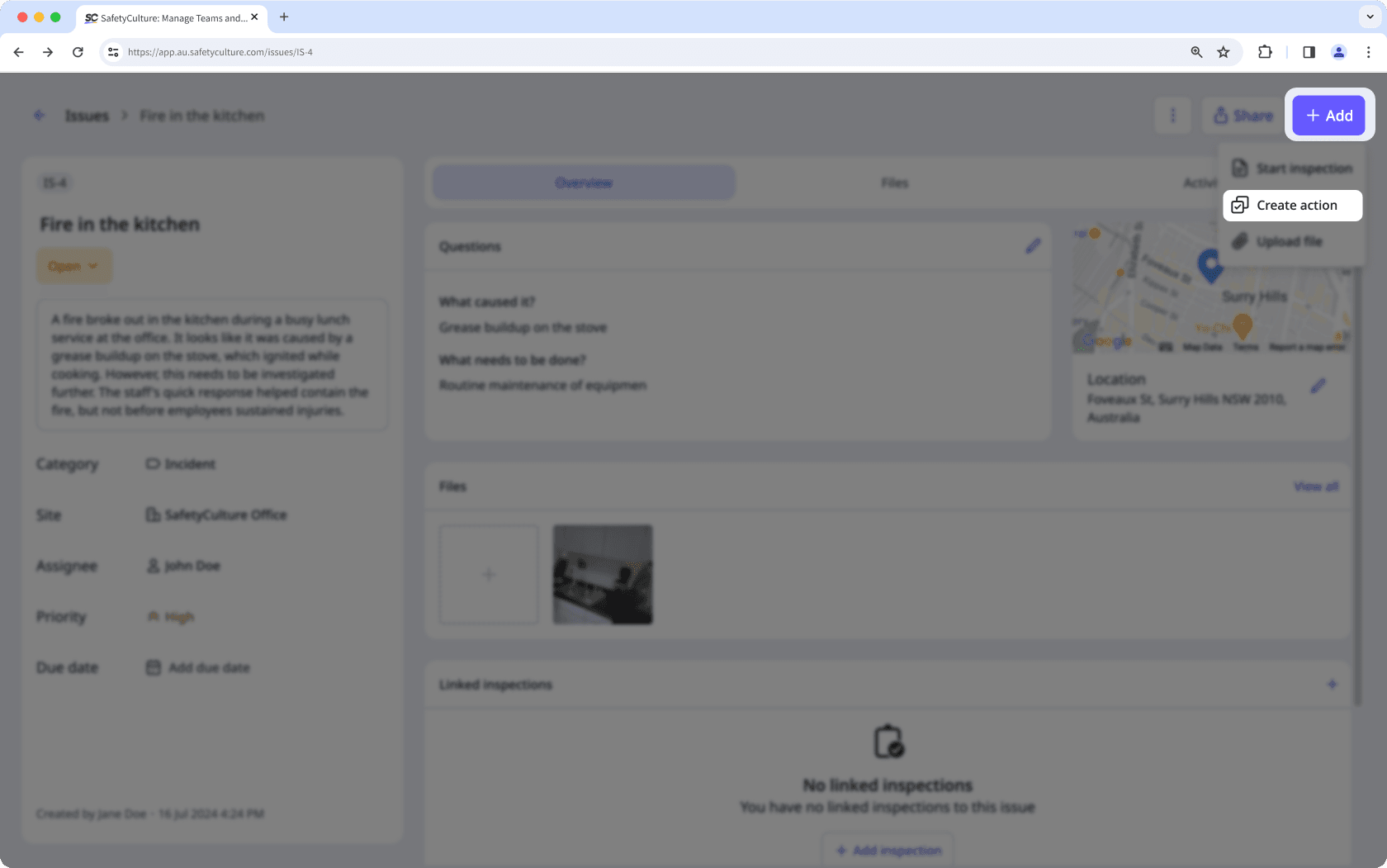 Crear una acción a partir de un contratiempo a través de la aplicación web.