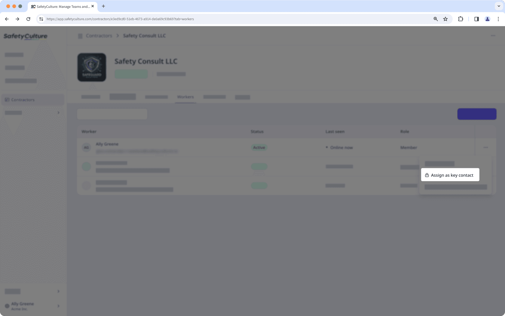 Die Registerkarte Arbeitnehmer im Unternehmensprofil mit der Schaltfläche "Als Hauptkontakt zuweisen" ist sichtbar.