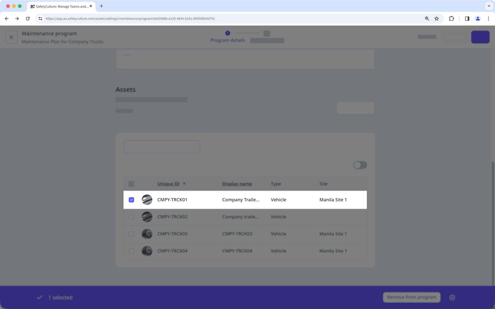 Select a single asset to add to or remove from a maintenance program. Click the box on the left-hand side of the asset.