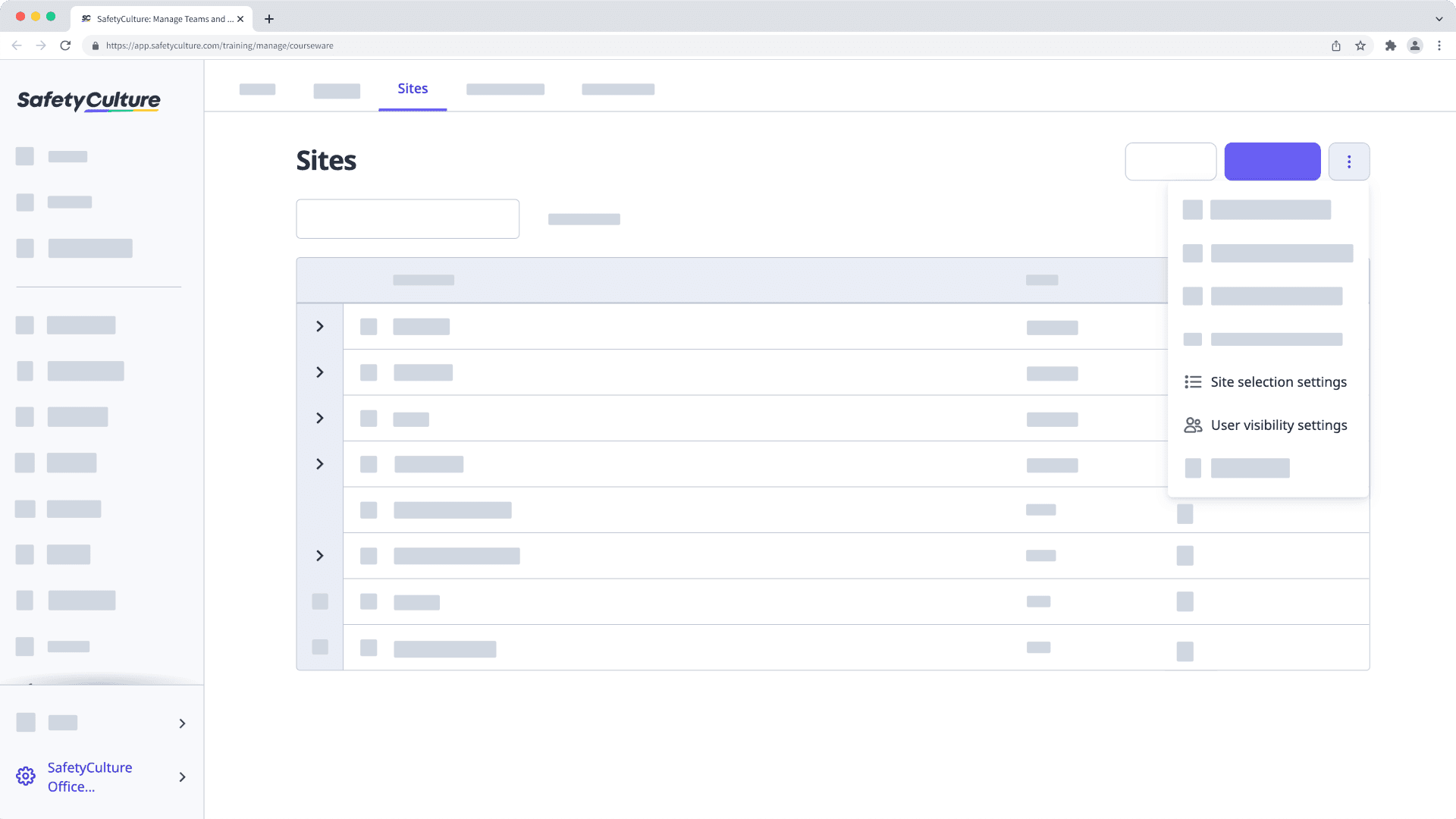 Afficher les paramètres du site (paramètres de sélection du site et paramètres de visibilité de l'utilisateur) sur l'application Web.