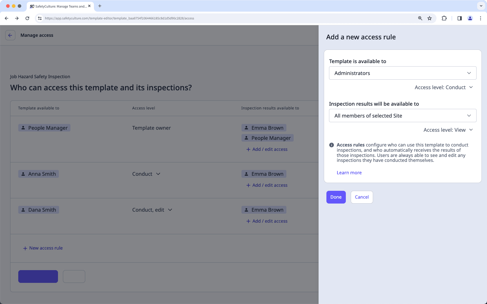 Asignar acceso avanzado a inspecciones a través de la aplicación web.
