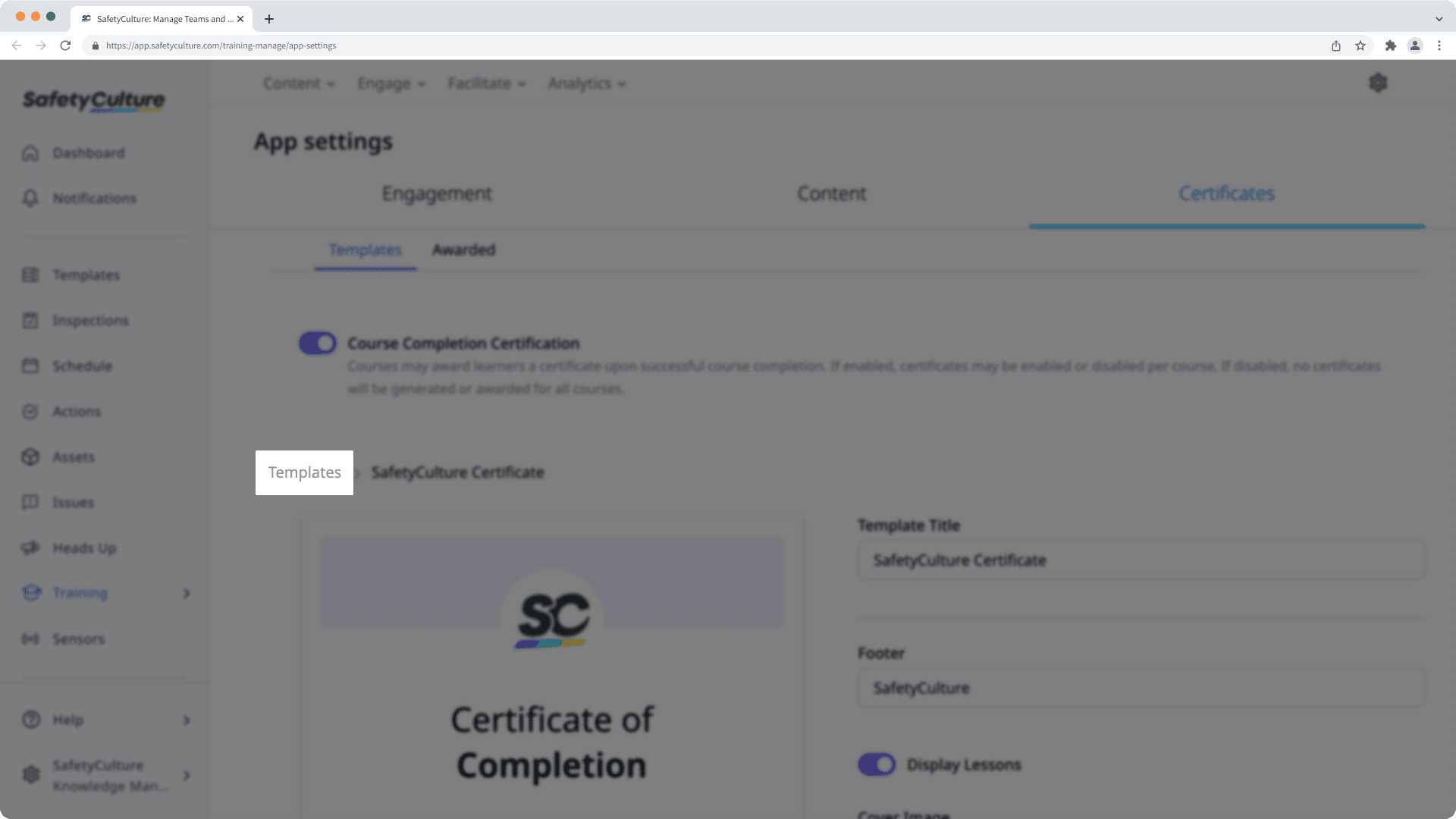 The "Templates" button in training course completion certificate settings on the web app.