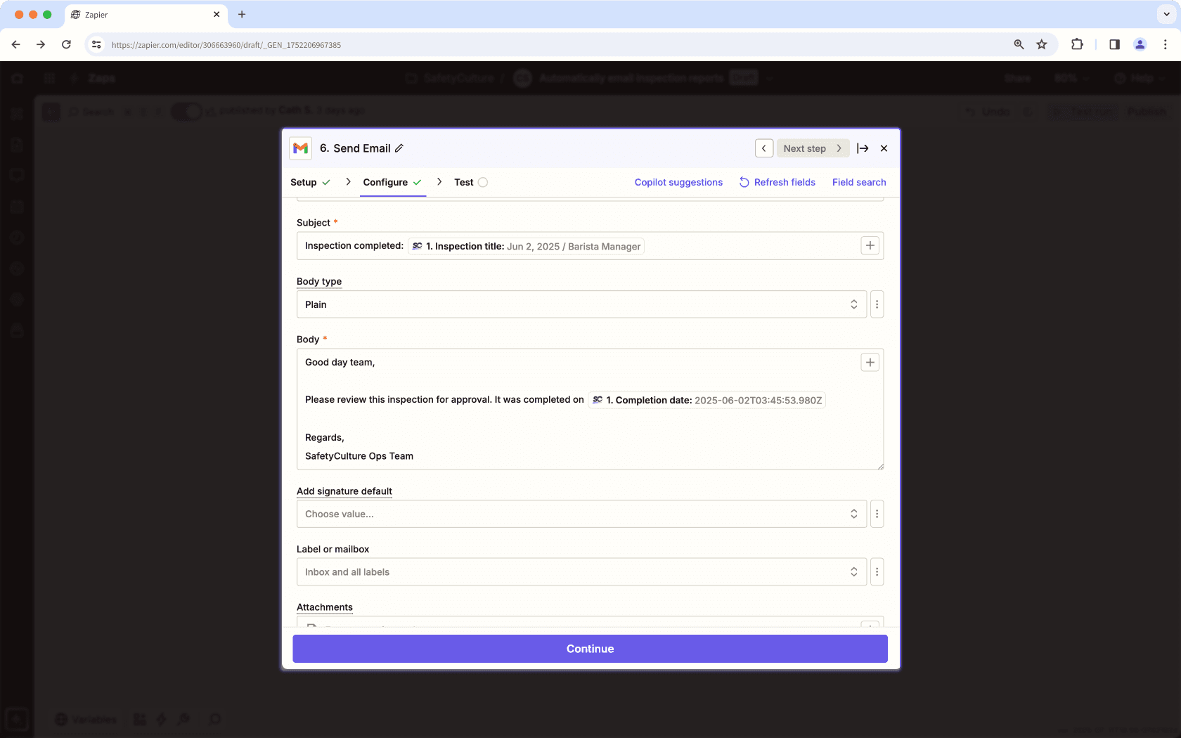 Envoyer automatiquement des rapports d'inspection par e-mail avec Zapier via Gmail.