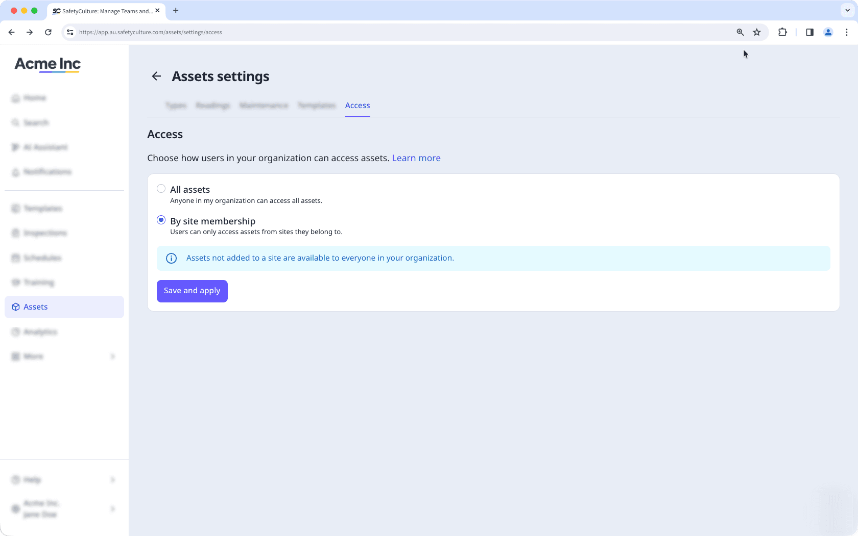 Selecting site-based access for assets via the web app.