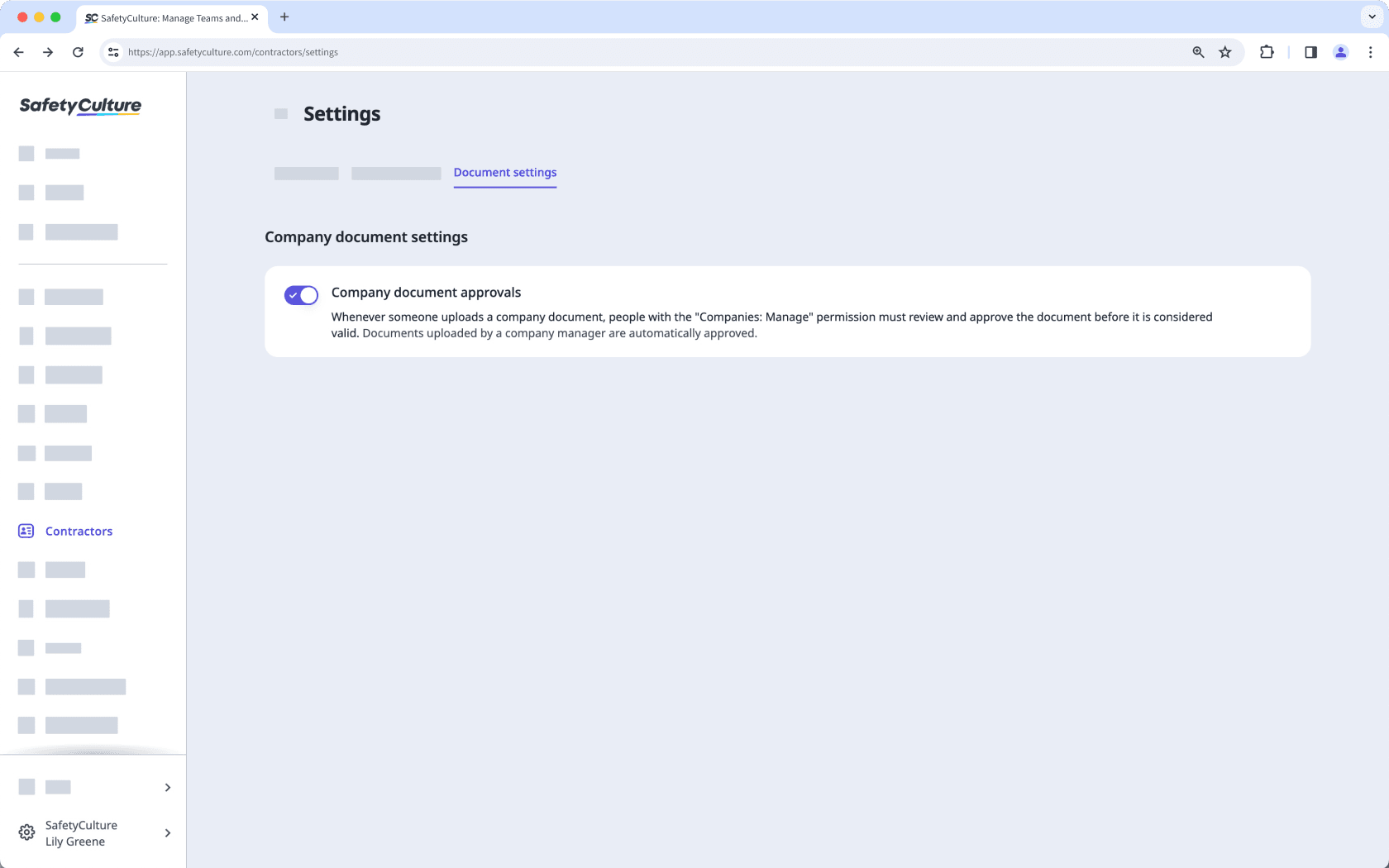 Activar o desactivar las aprobaciones de documentos de empresa a través de la aplicación web.