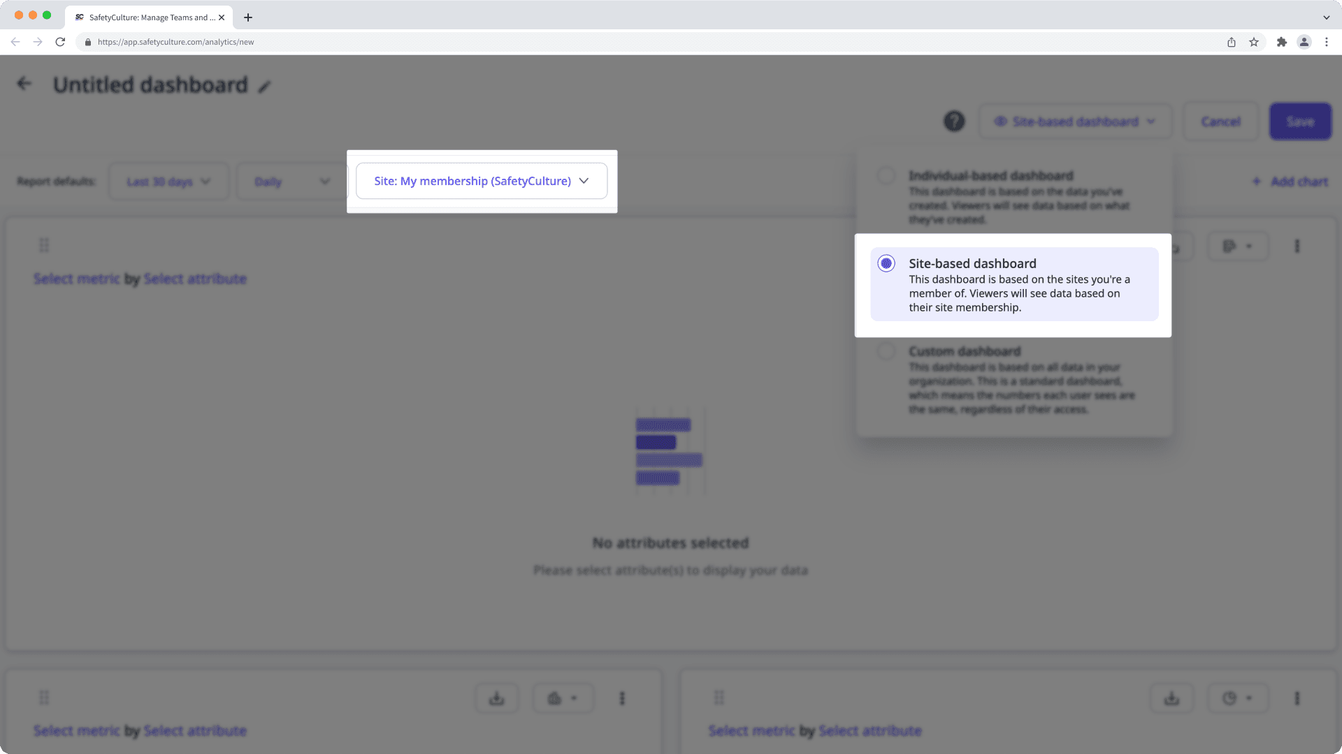 Un panel basado en el sitio en la función Estadísticas de la aplicación web.