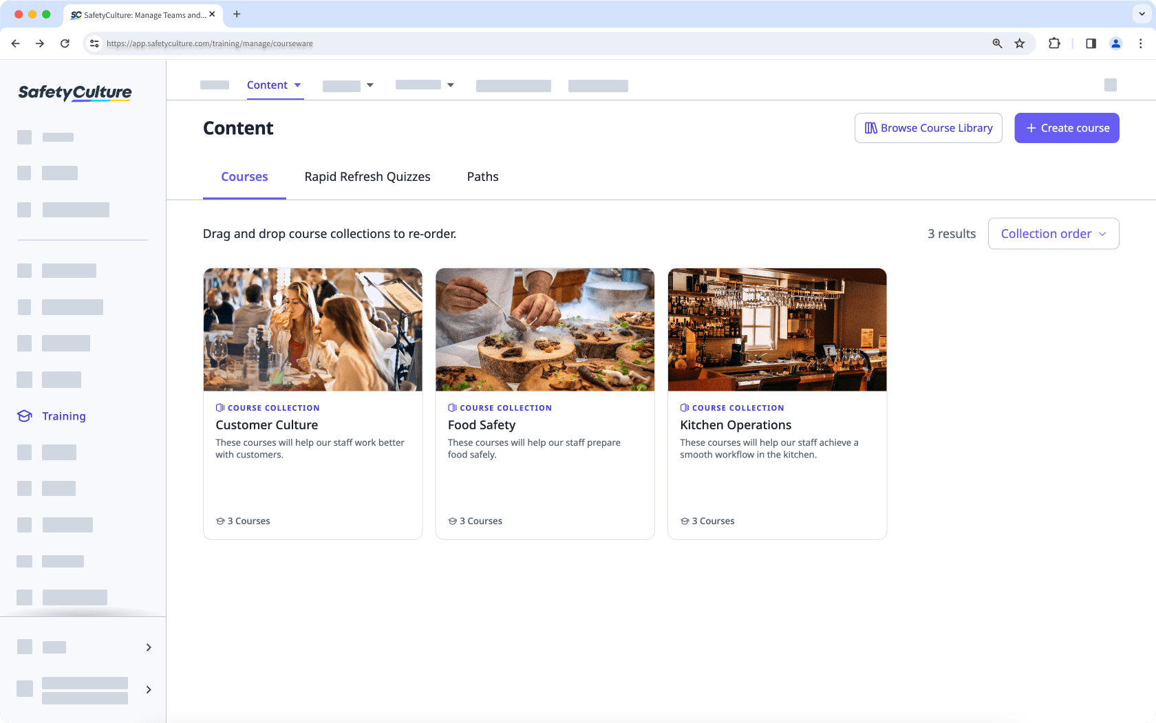 Course collections in a content library