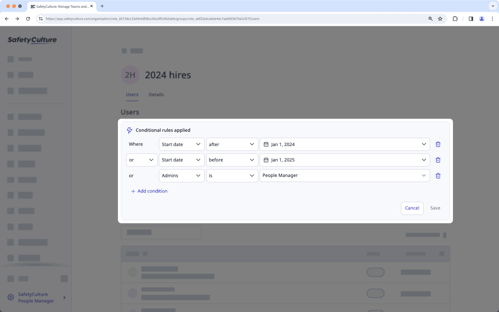 Utilice reglas condicionales para automatizar la afiliación en grupos a través de la aplicación web.