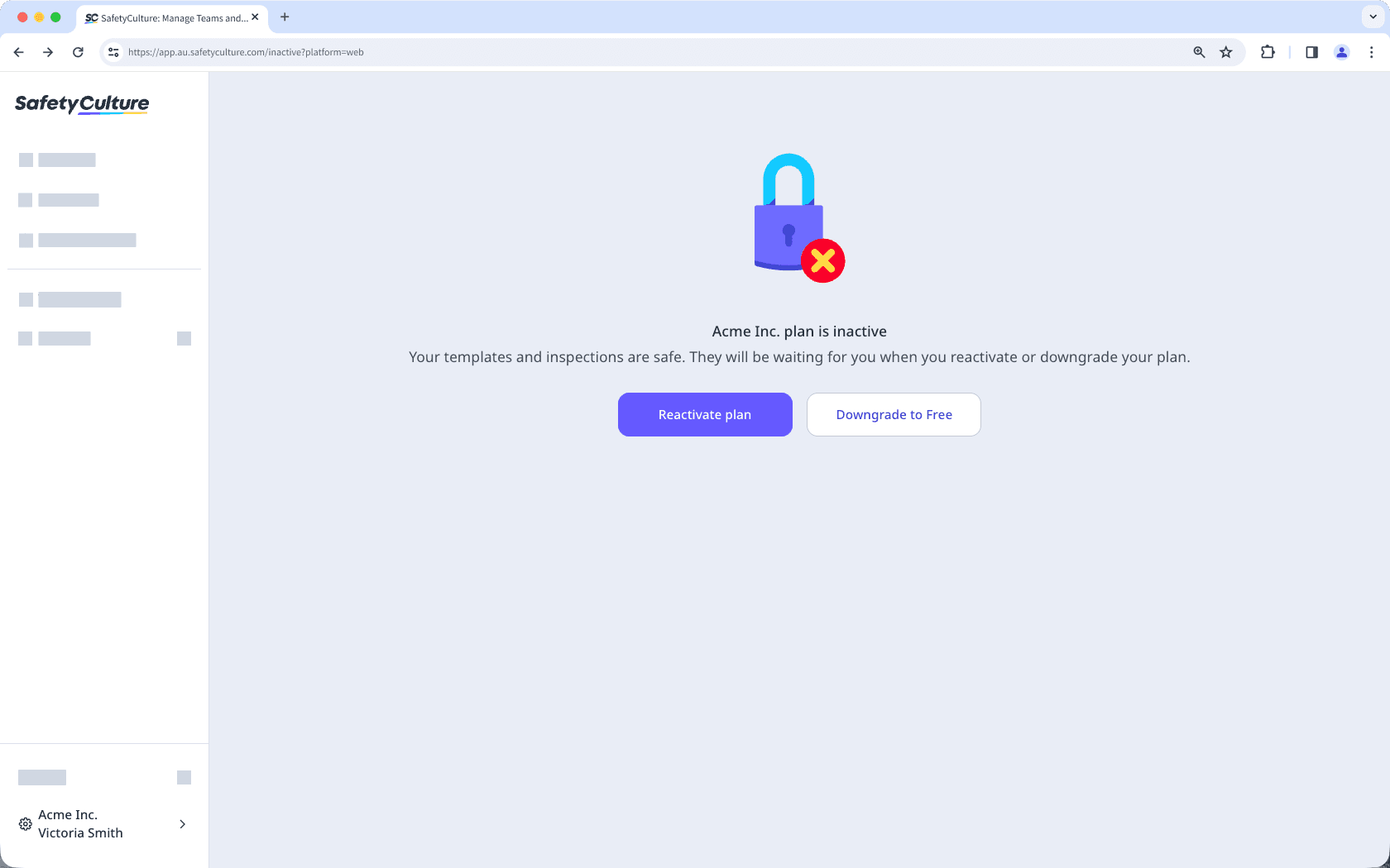 Le bouton Réactiver l'offre visible lors de la connexion à votre organisation désactivée.