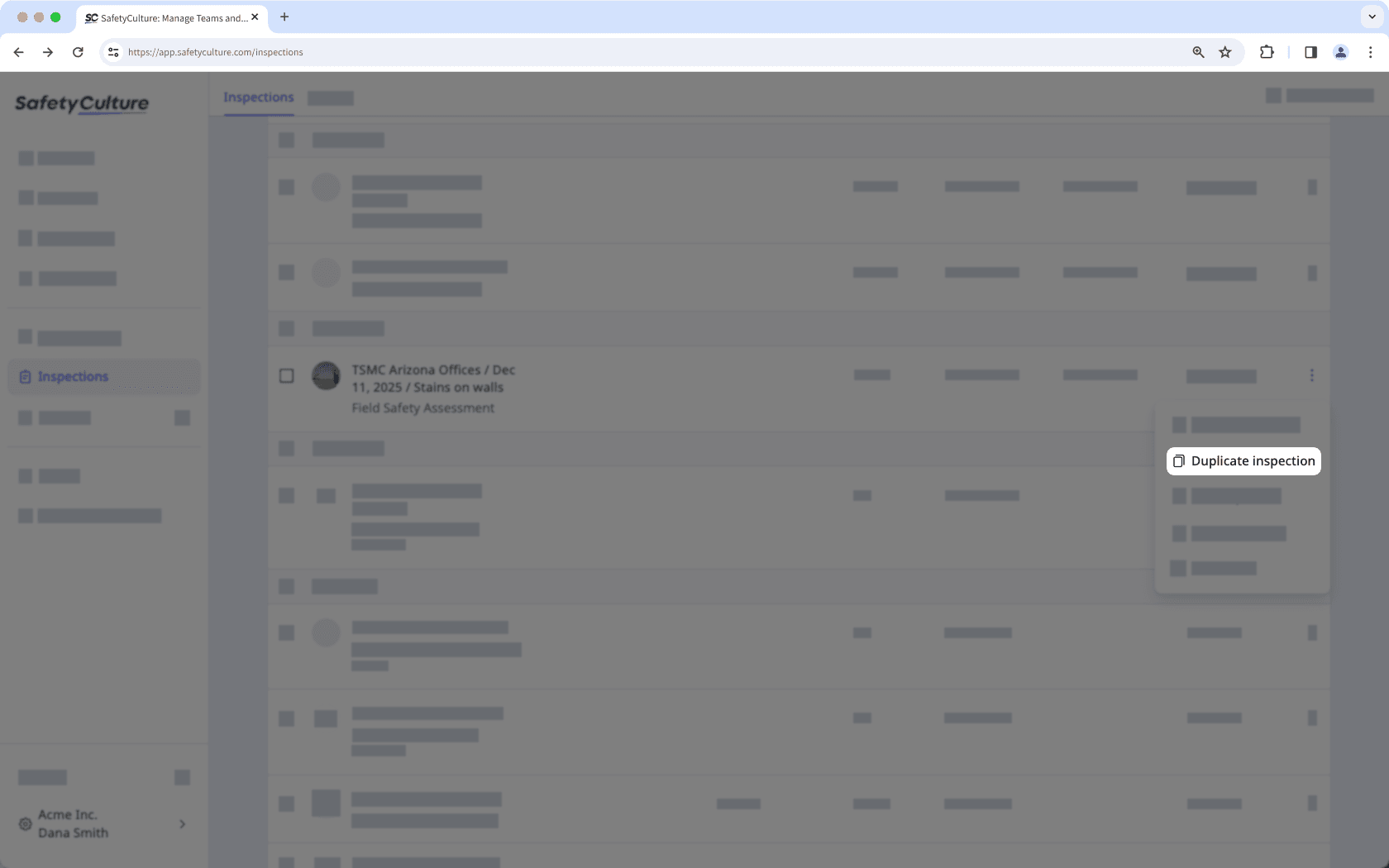A screenshot showing where to duplicate inspections via the web app.